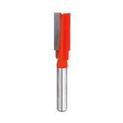 Straight router bit with red body, two flutes, and metal shank for woodworking cuts.