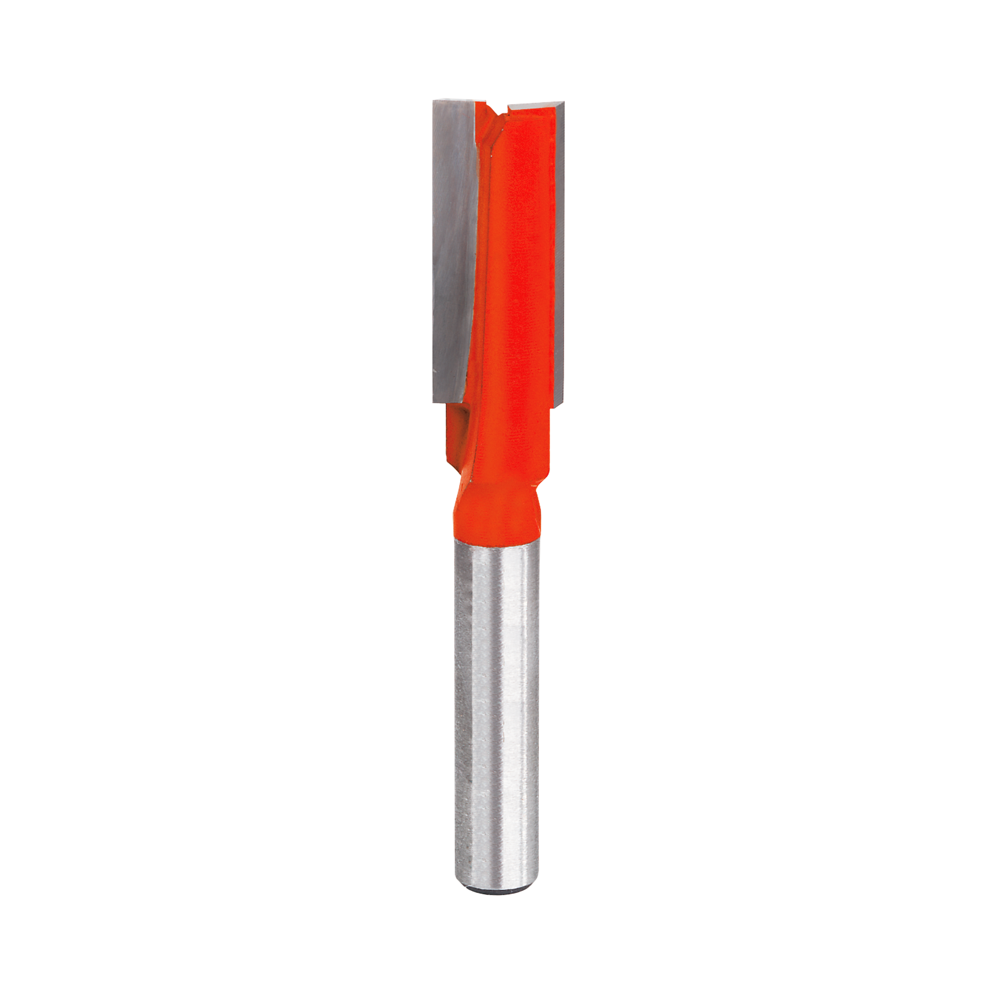 Straight router bit with red body, two flutes, and metal shank for woodworking cuts.
