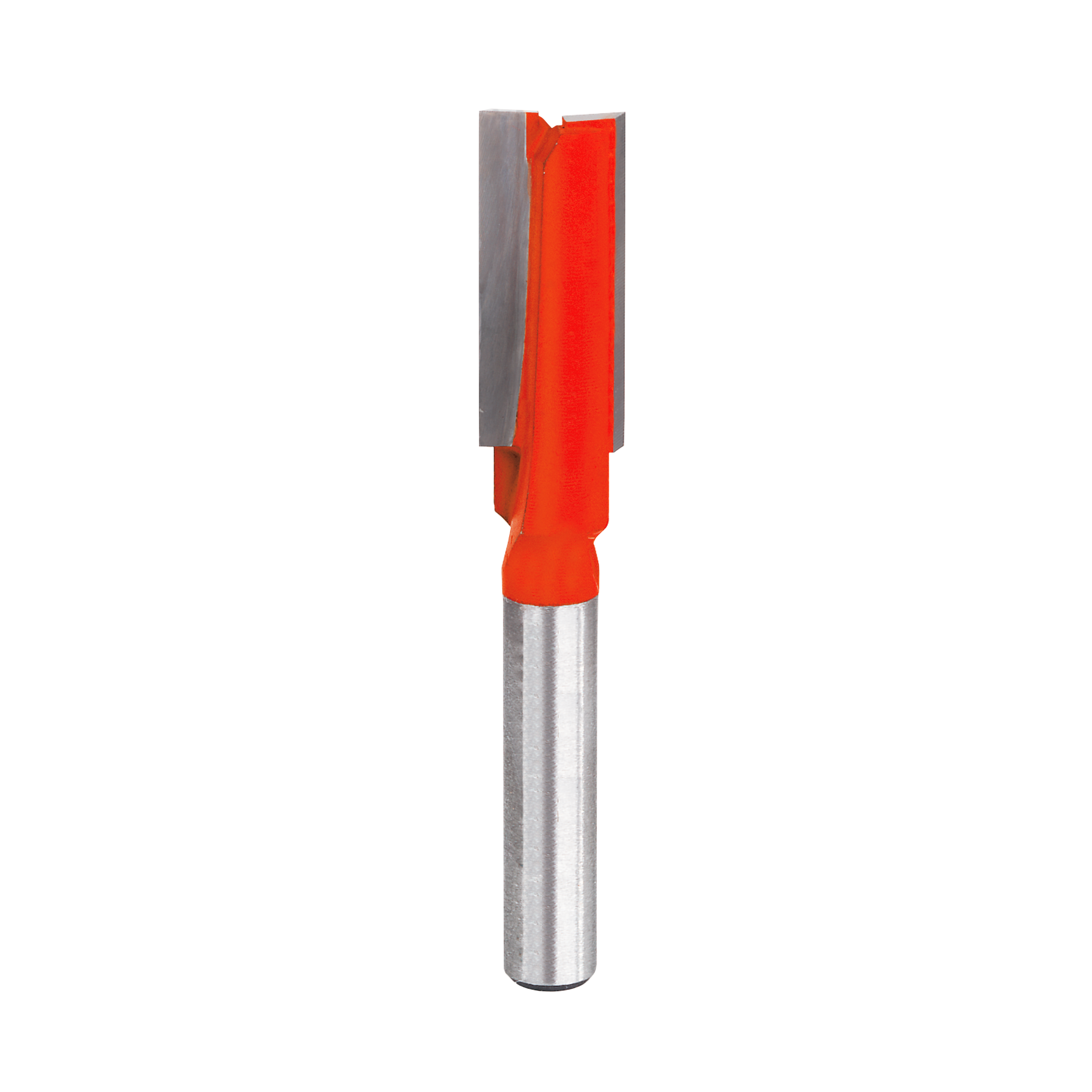 Straight router bit with red body, two flutes, and metal shank for woodworking cuts.