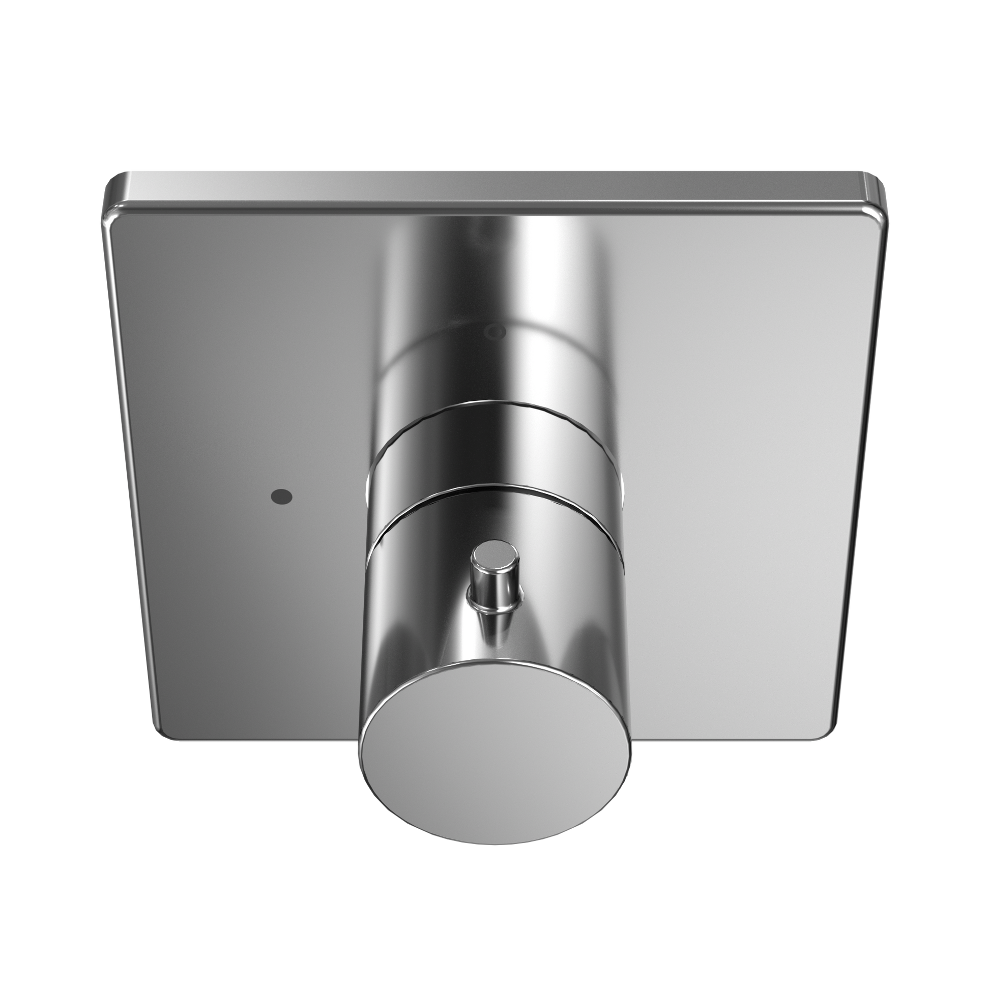 Polished chrome square shower valve trim with cylindrical body and round control knob viewed from front.