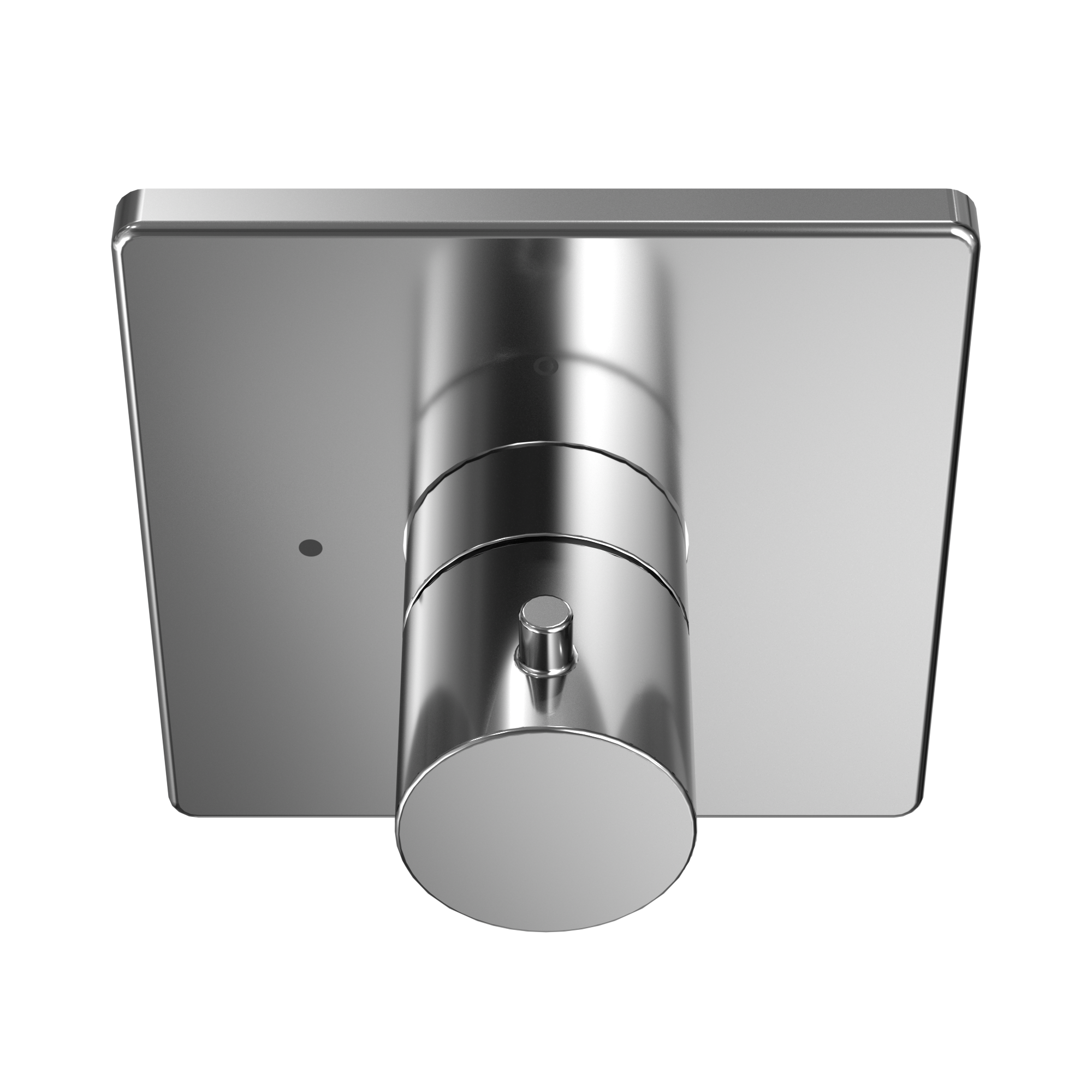 Polished chrome square shower valve trim with cylindrical body and round control knob viewed from front.