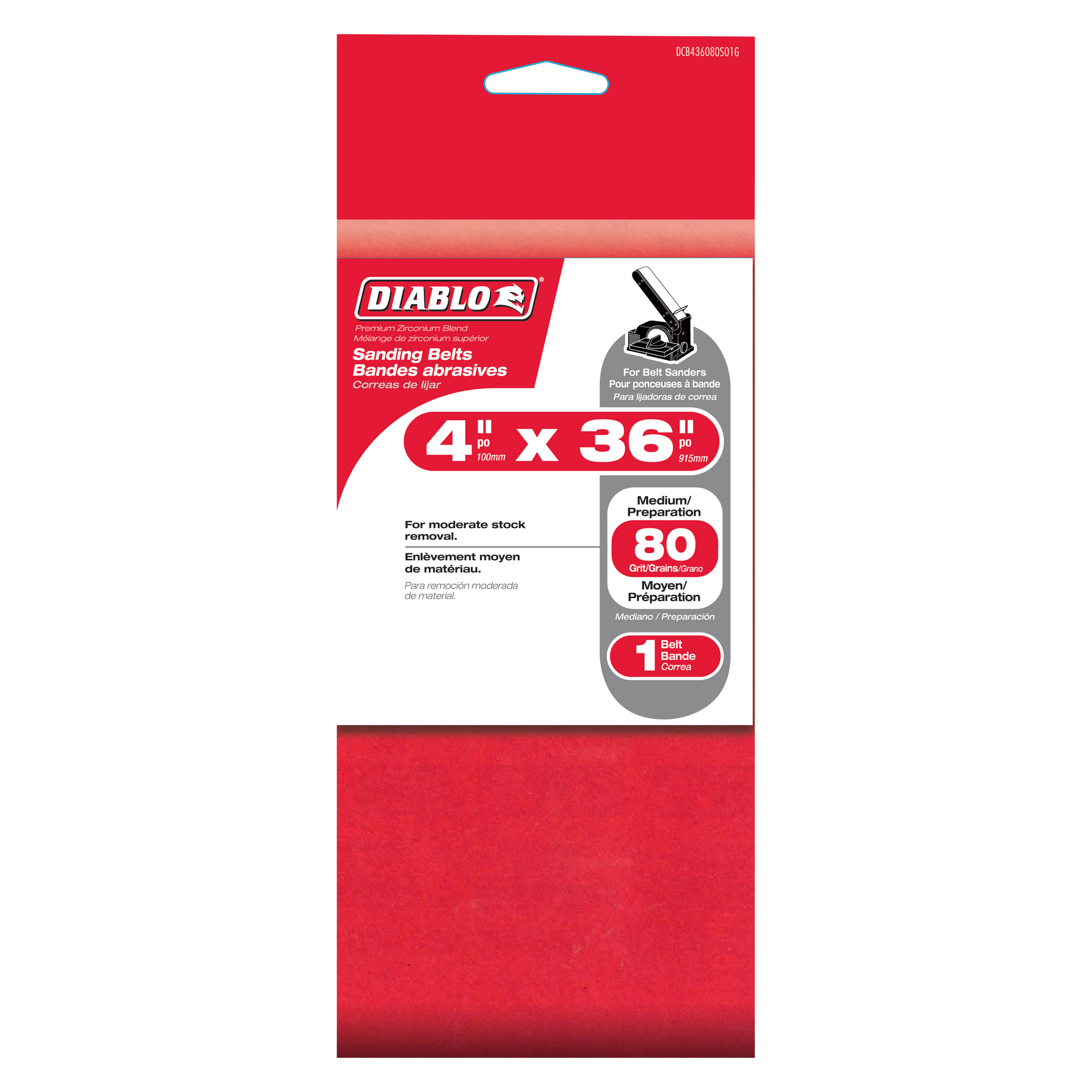 Red Diablo sanding belt package labeled 4 x 36 inch, 80 grit, for moderate stock removal.