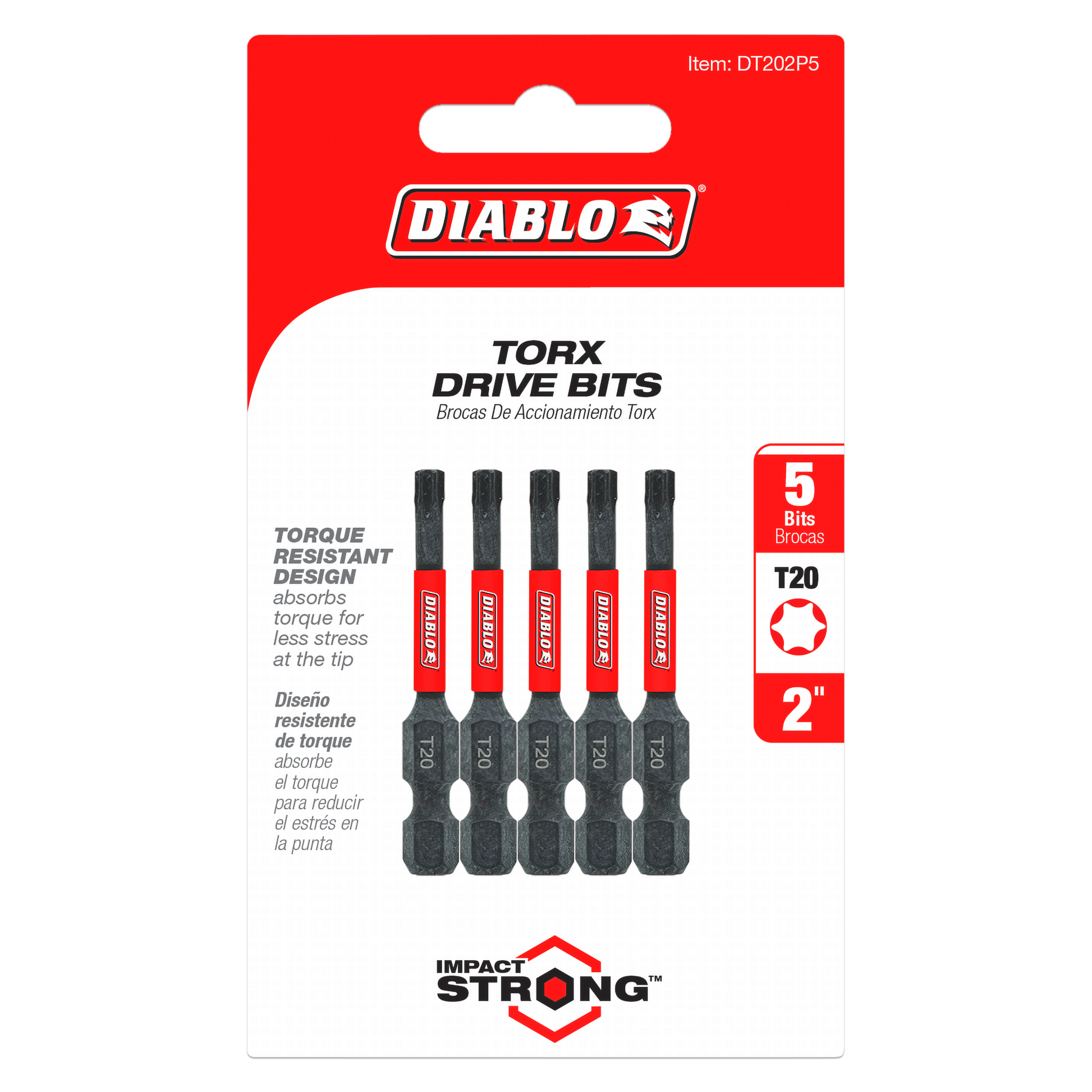 Five black and red Diablo #20 Torx drive bits, 2 inches long, arranged in a row on red packaging.