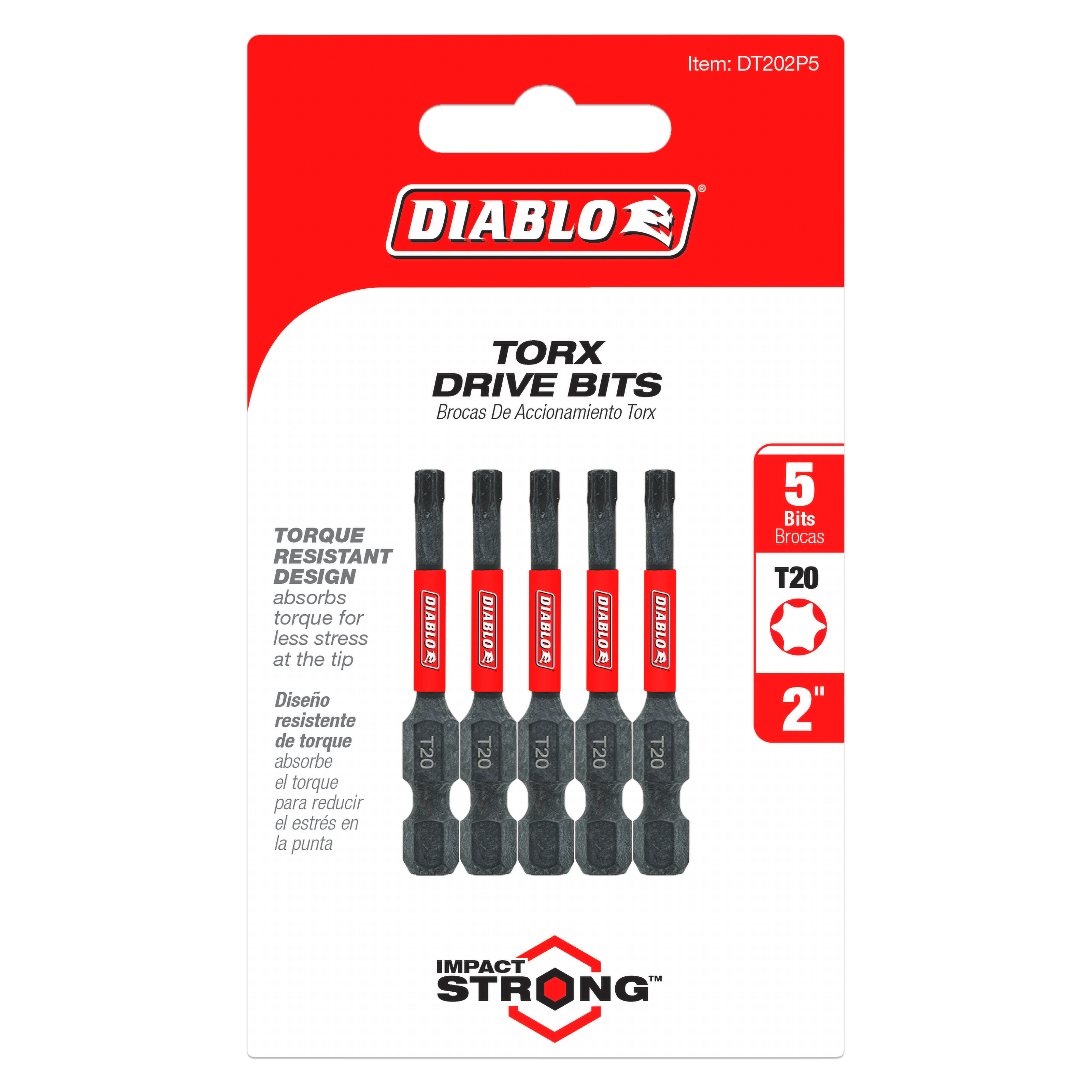 Five black and red Diablo #20 Torx drive bits, 2 inches long, arranged in a row on red packaging.