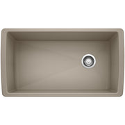 Truffle-colored single bowl undermount sink with chrome drain strainer, viewed from above.