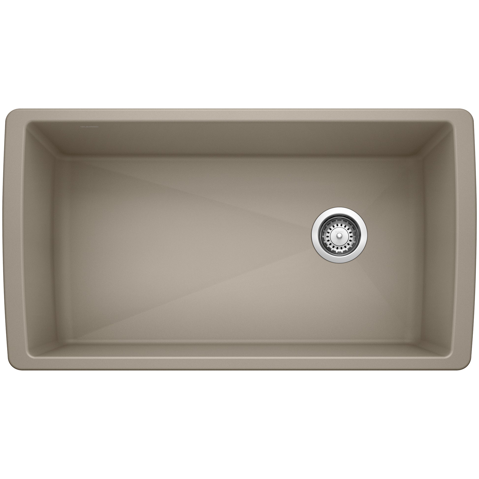 Truffle-colored single bowl undermount sink with chrome drain strainer, viewed from above.