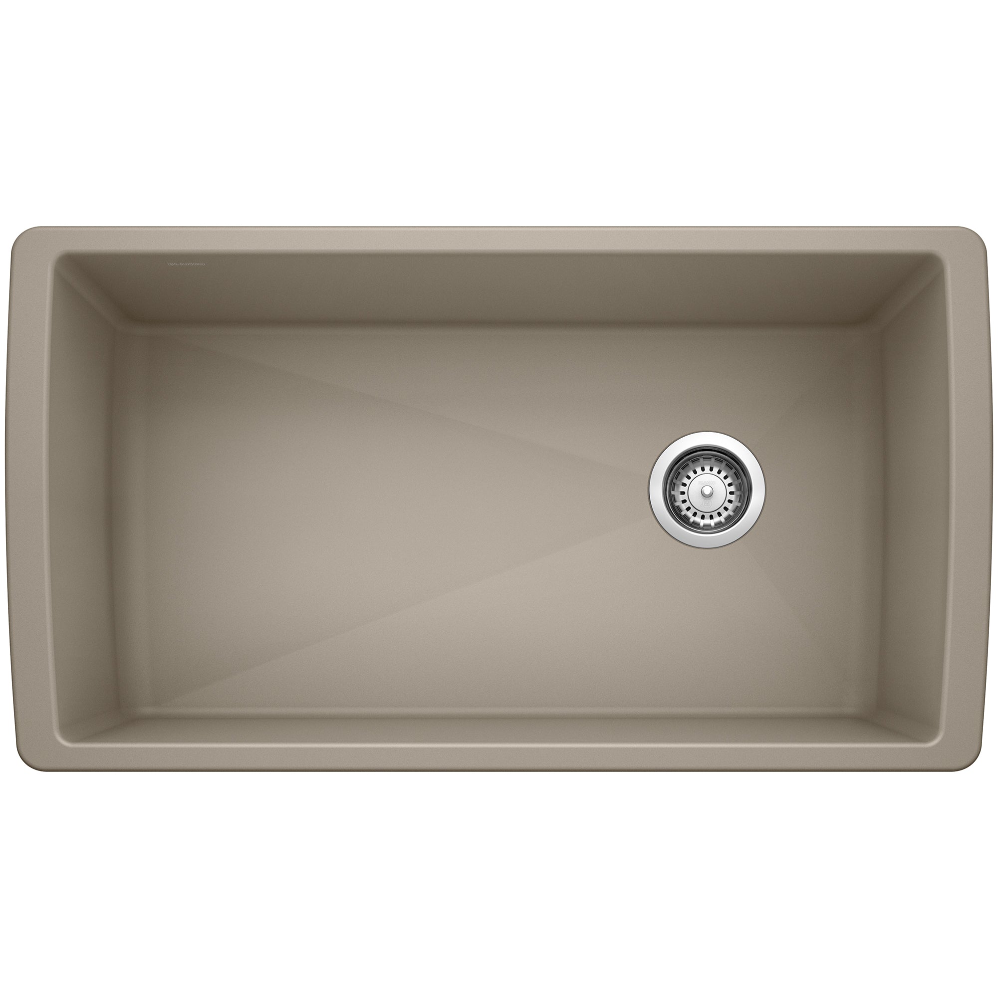 Truffle-colored single bowl undermount sink with chrome drain strainer, viewed from above.