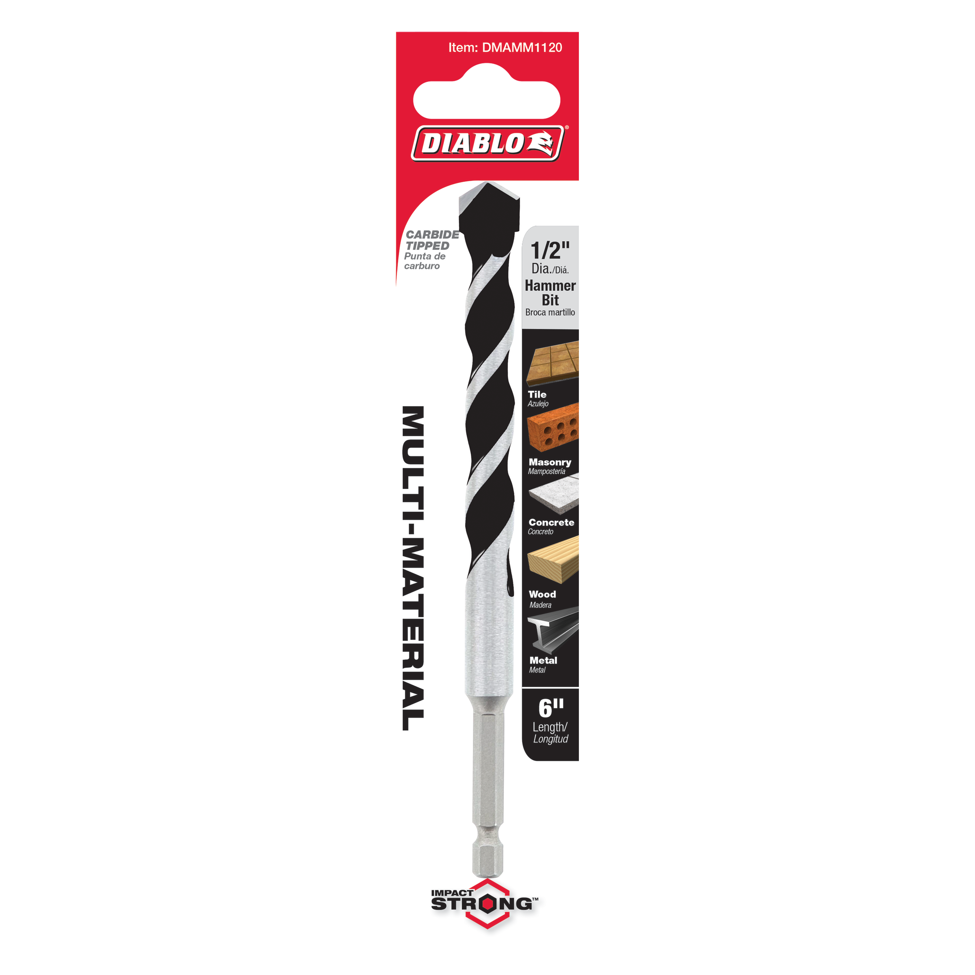 Diablo 1/2 inch carbide tipped hammer drill bit with black and silver fluted shaft, packaged in red Diablo branded box.