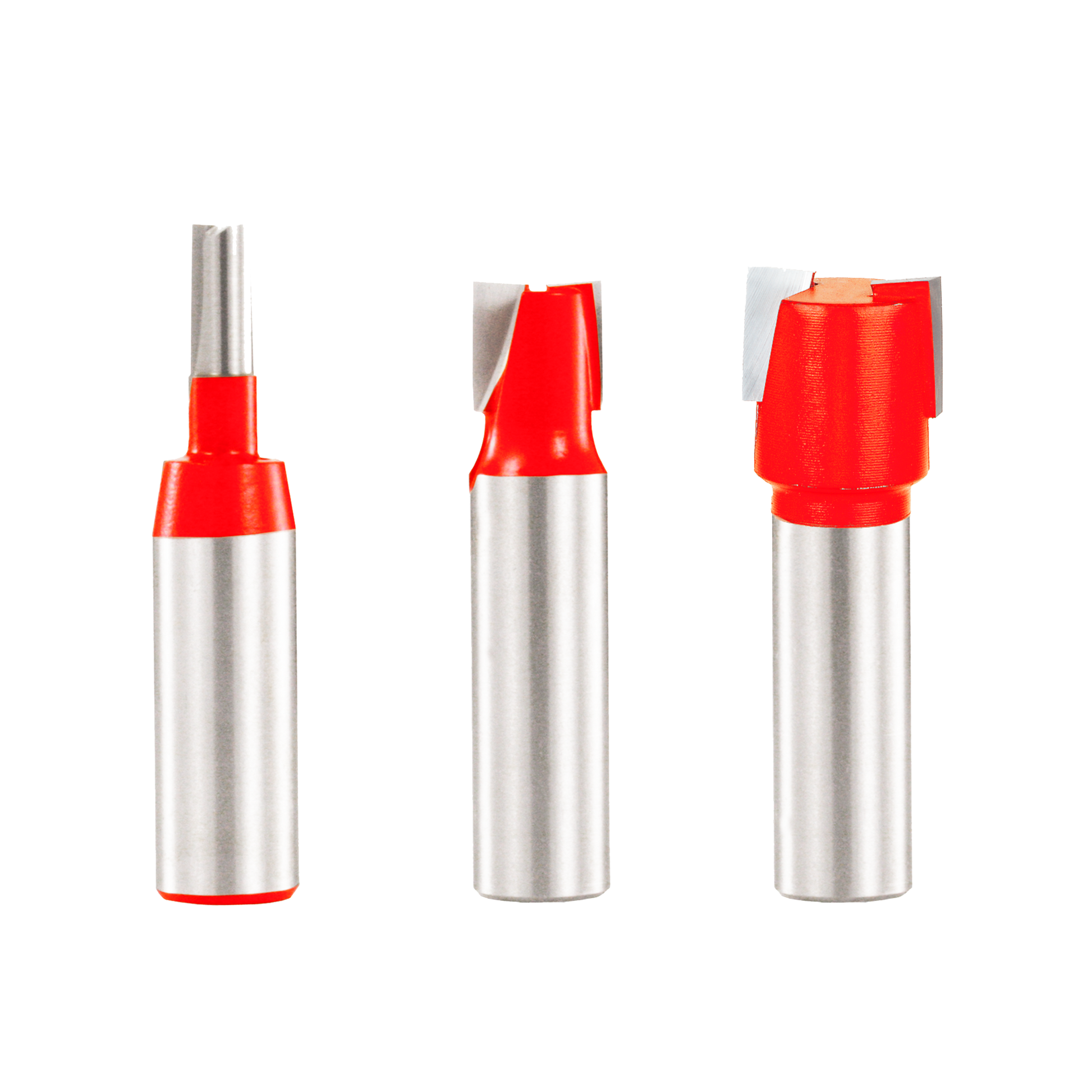 Three router bits with red cutting heads and silver 1/2" shanks arranged in a row.