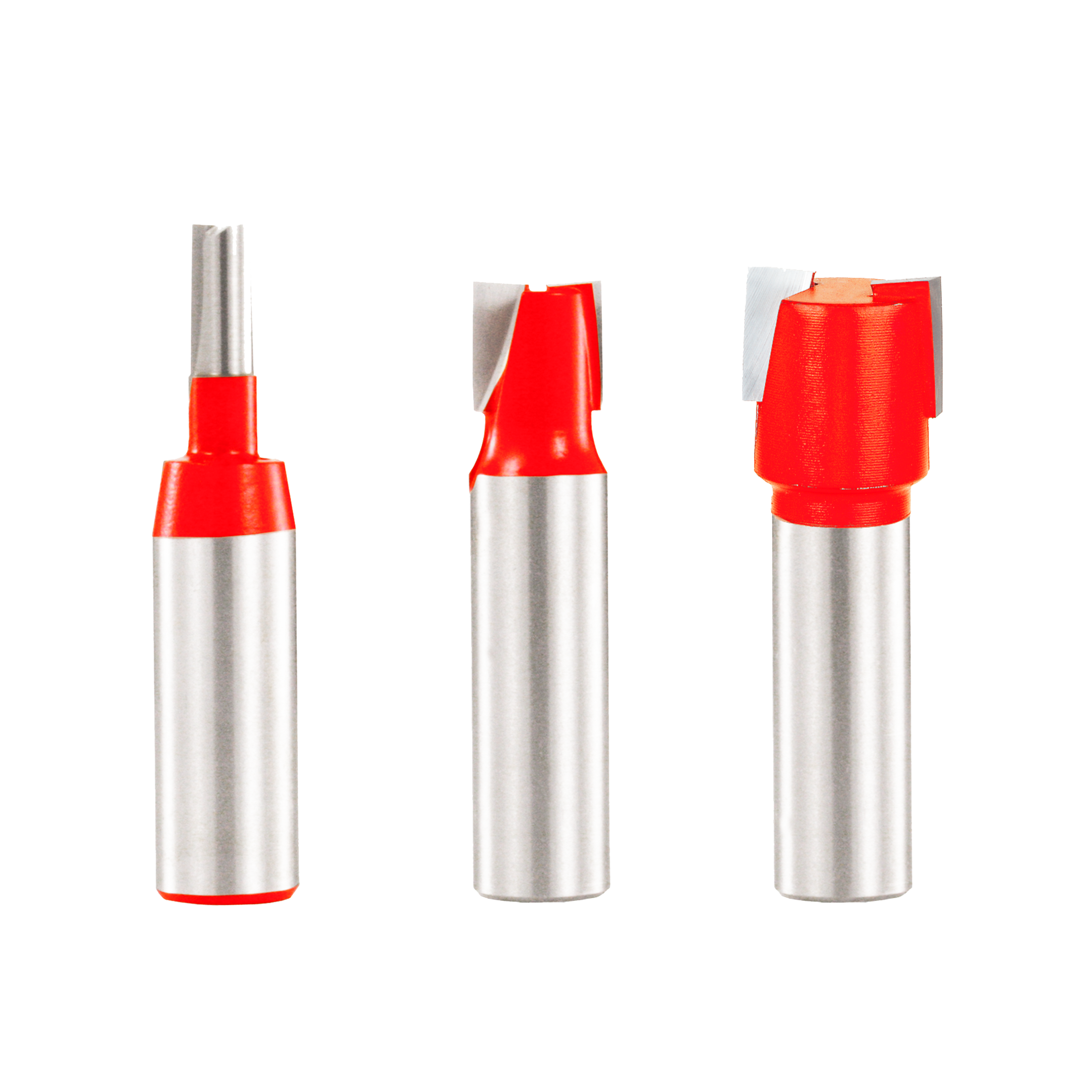 Three router bits with red cutting heads and silver 1/2" shanks arranged in a row.