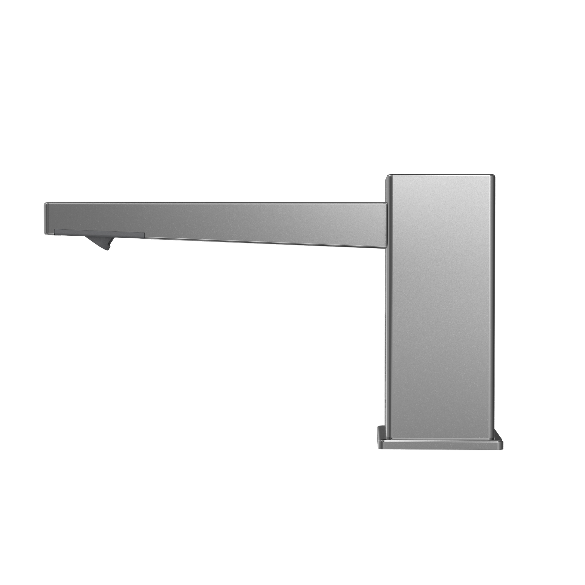 Polished chrome touchless soap dispenser with square vertical tank and horizontal spout arm.