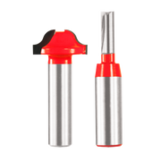 Two router bits with red and black plastic bodies and silver metal shanks for french door grill work.