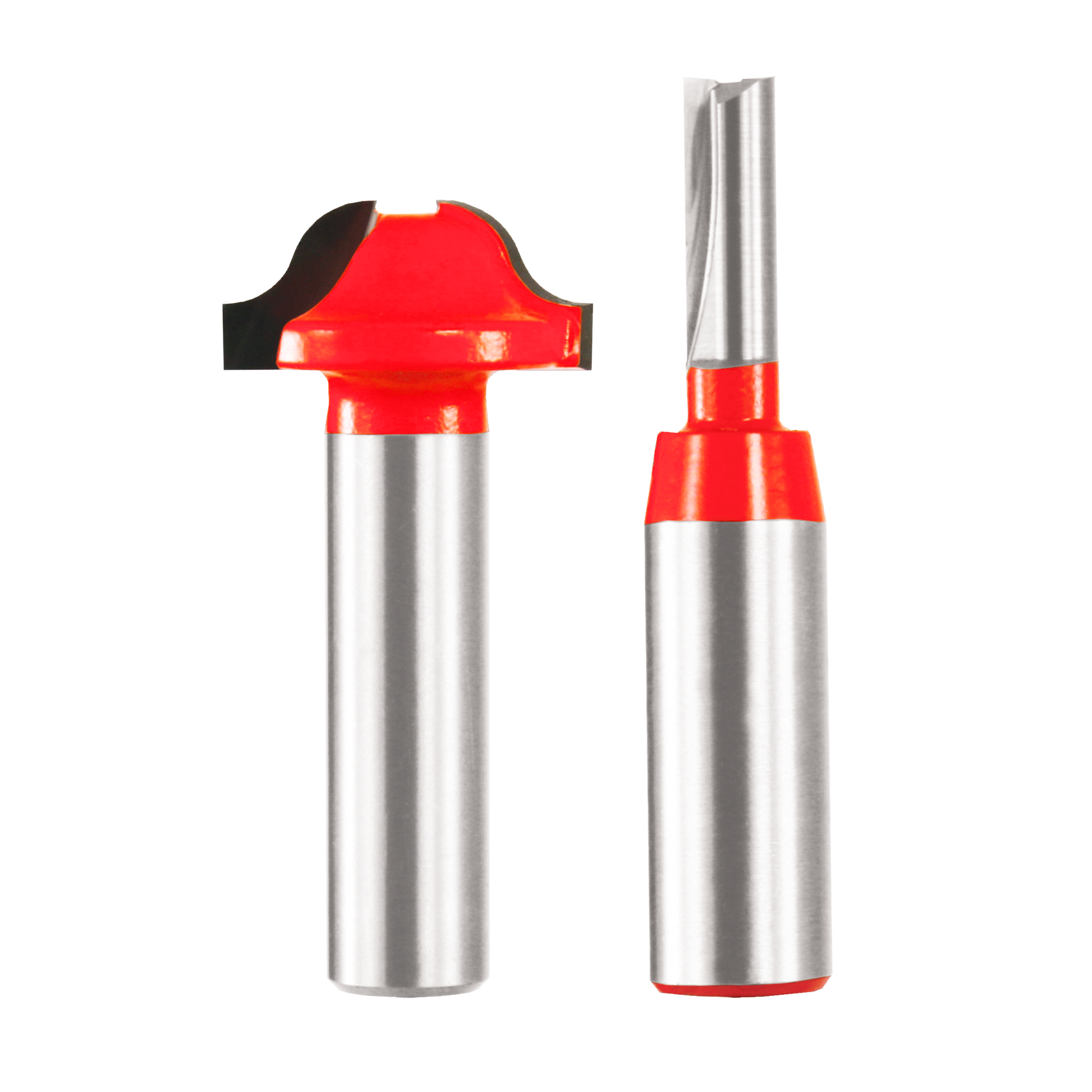 Two router bits with red and black plastic bodies and silver metal shanks for french door grill work.