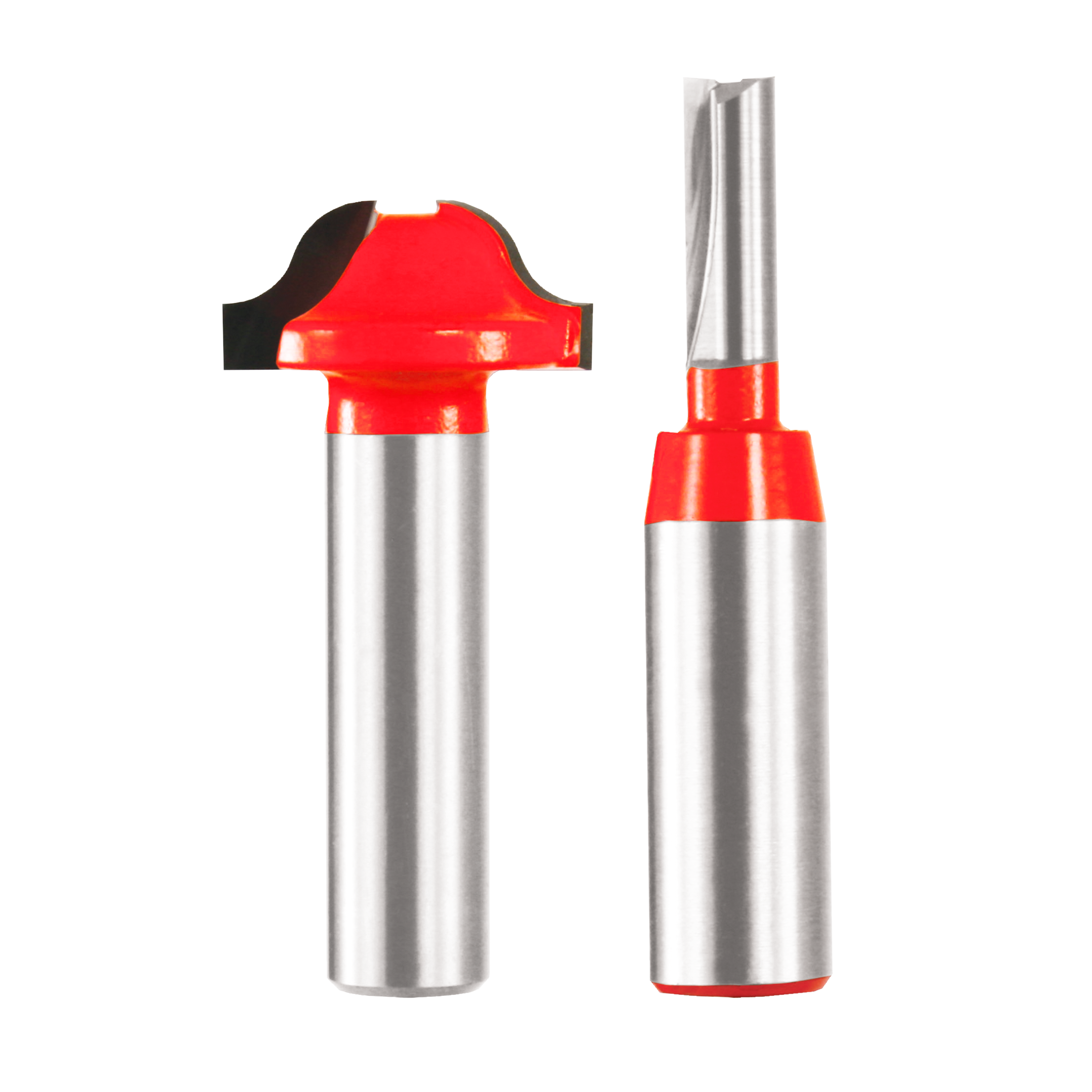 Two router bits with red and black plastic bodies and silver metal shanks for french door grill work.