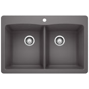 Cinder gray double bowl drop-in kitchen sink with two equal compartments and chrome drain strainers.