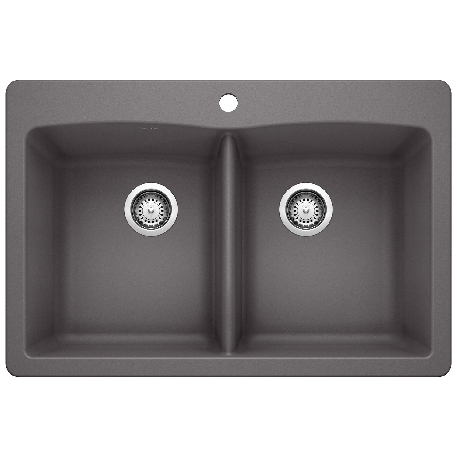 Cinder gray double bowl drop-in kitchen sink with two equal compartments and chrome drain strainers.