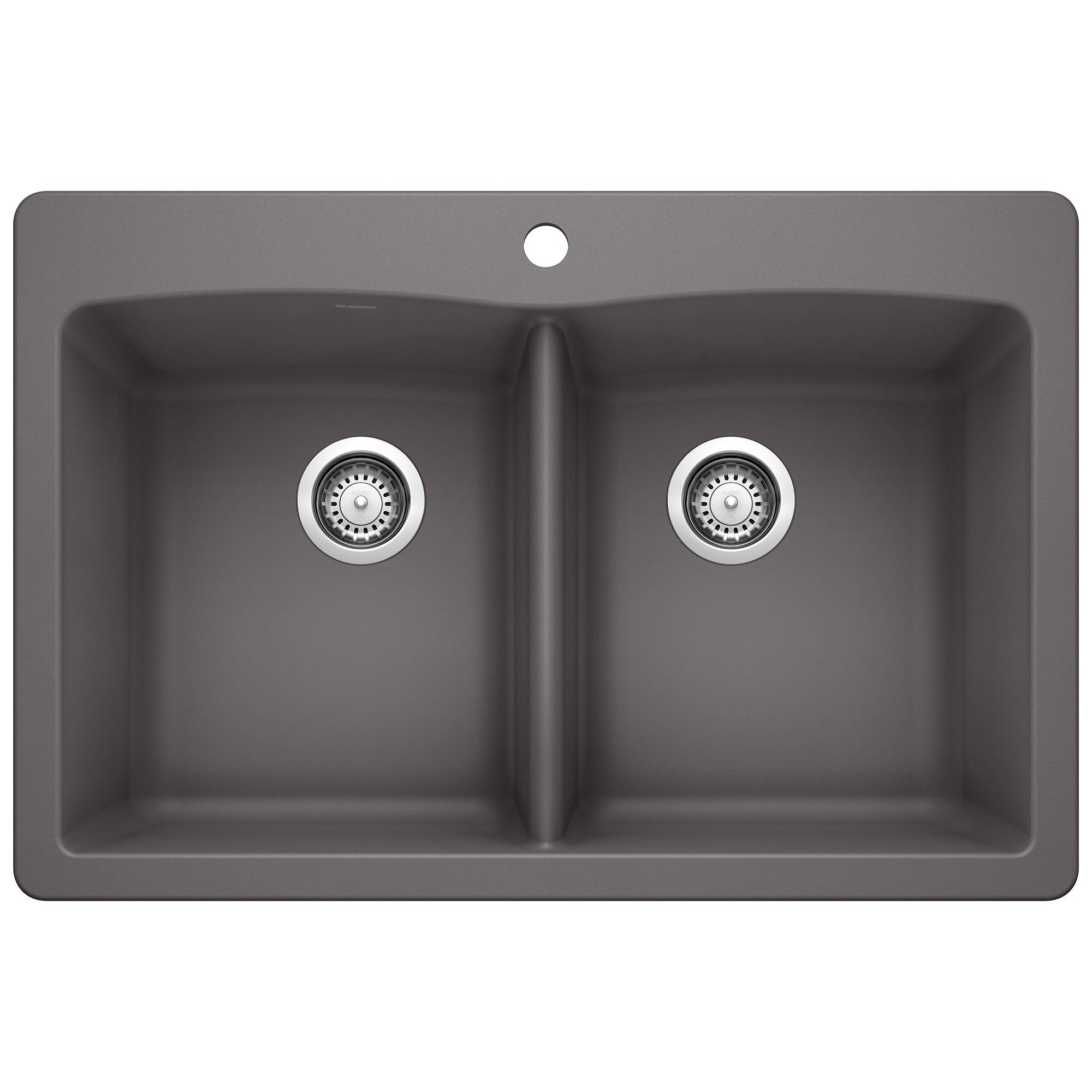 Cinder gray double bowl drop-in kitchen sink with two equal compartments and chrome drain strainers.