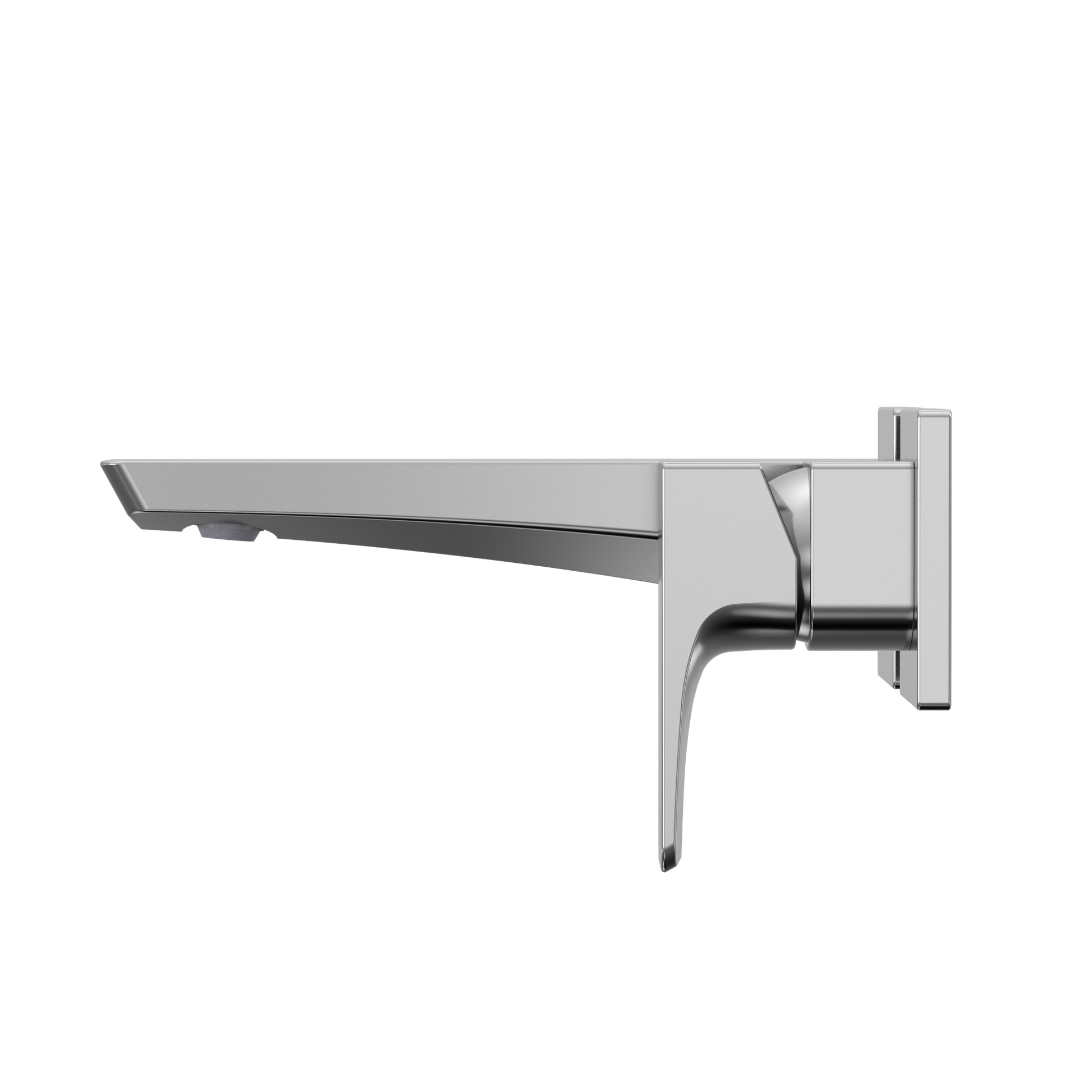 Polished chrome wall-mount bathroom faucet with single handle and extended spout.