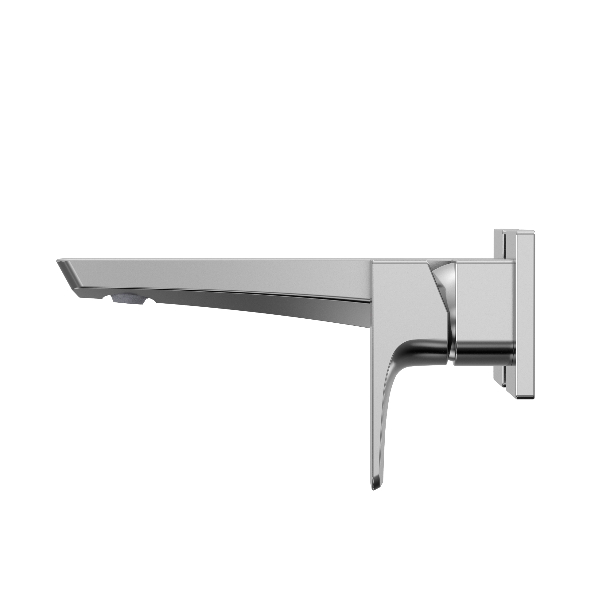 Polished chrome wall-mount bathroom faucet with single handle and extended spout.