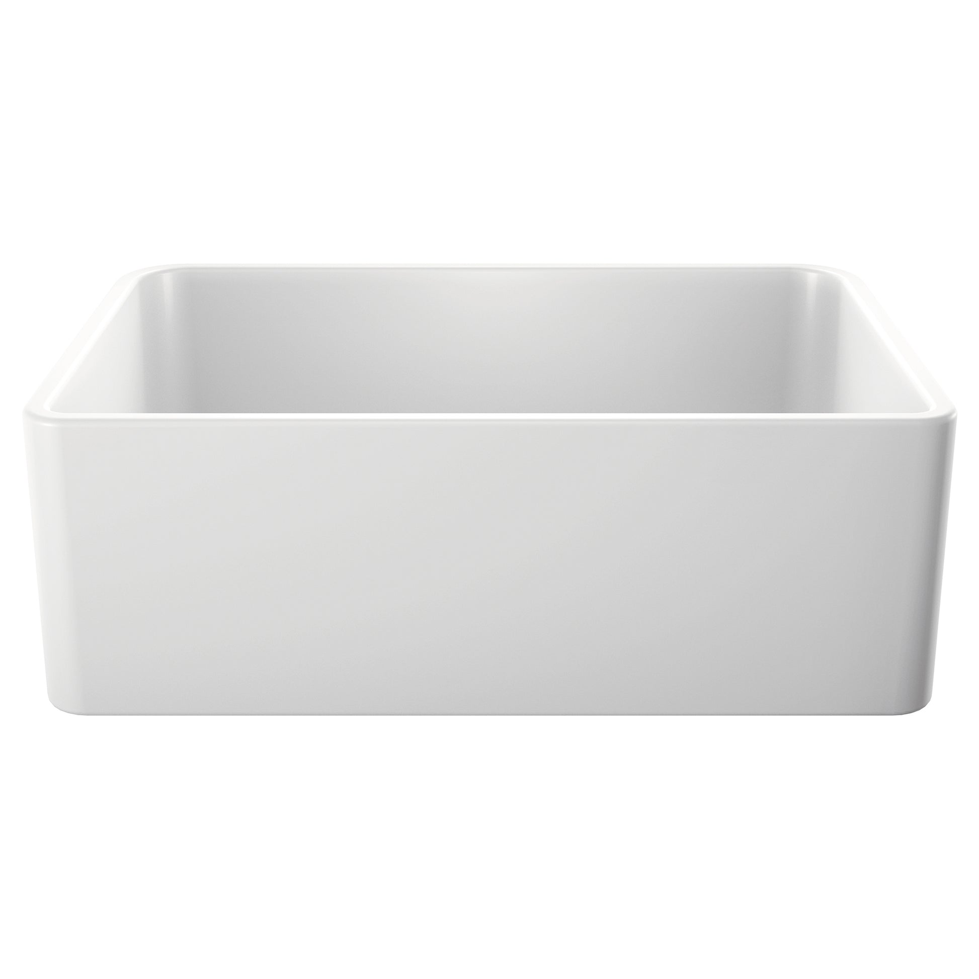 White rectangular farmhouse sink with single bowl and curved front apron design.