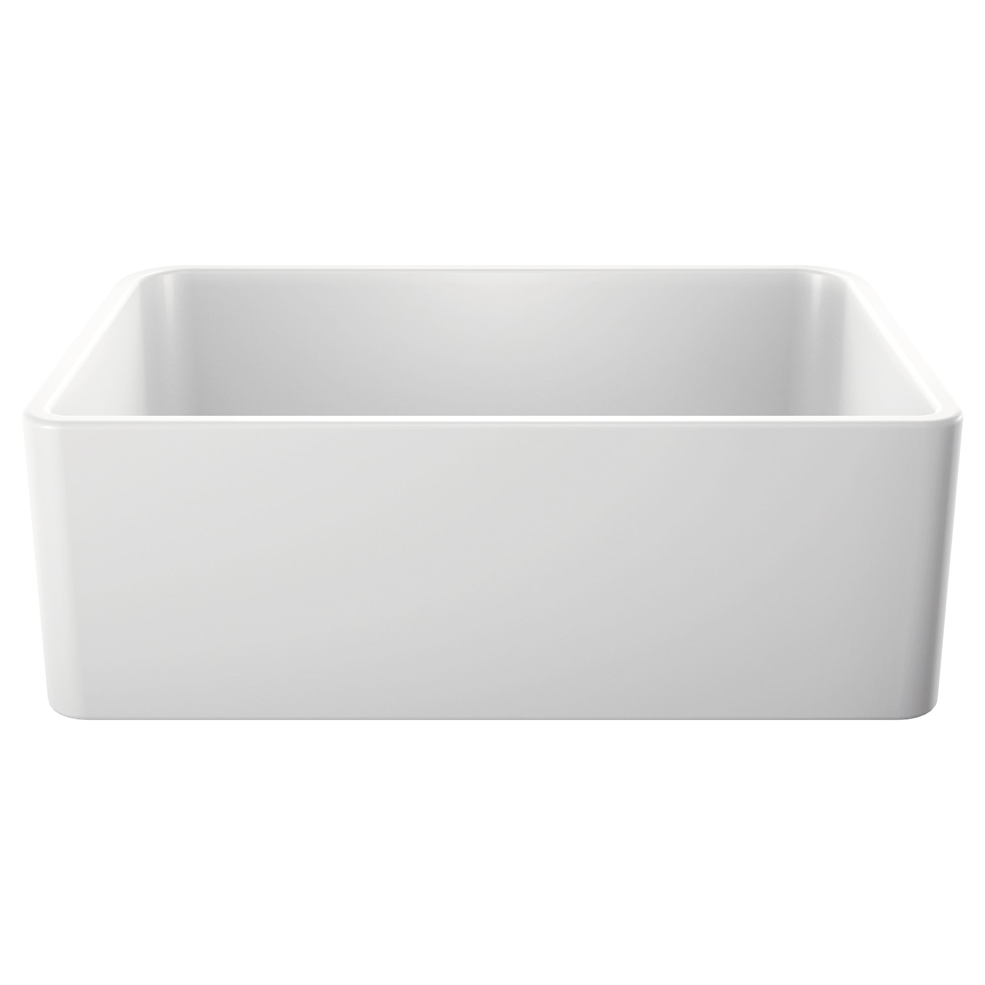 White rectangular farmhouse sink with single bowl and curved front apron design.