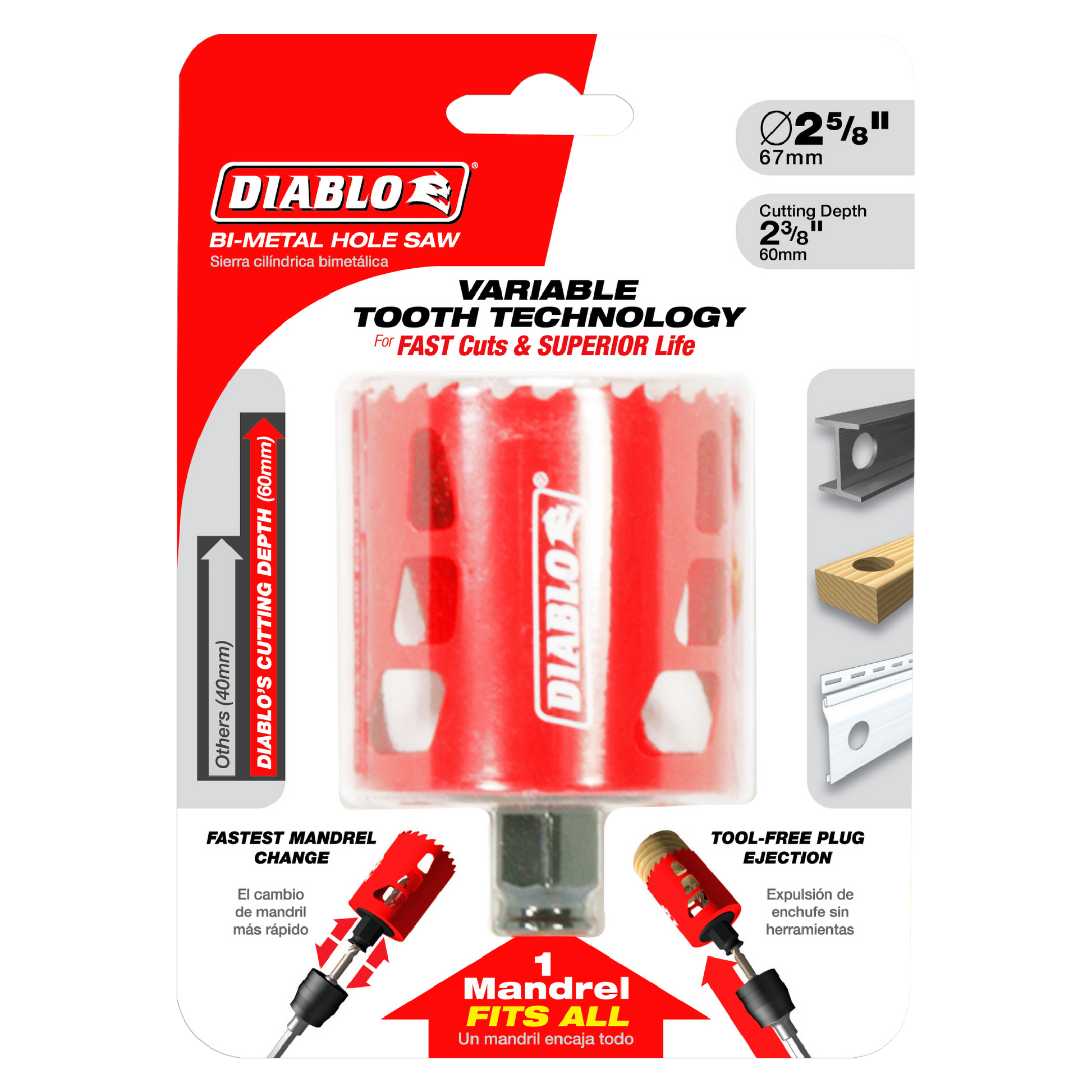 Diablo bi-metal hole saw 2-5/8 inch with red cylindrical body, variable tooth technology, and tool-free plug ejection system.