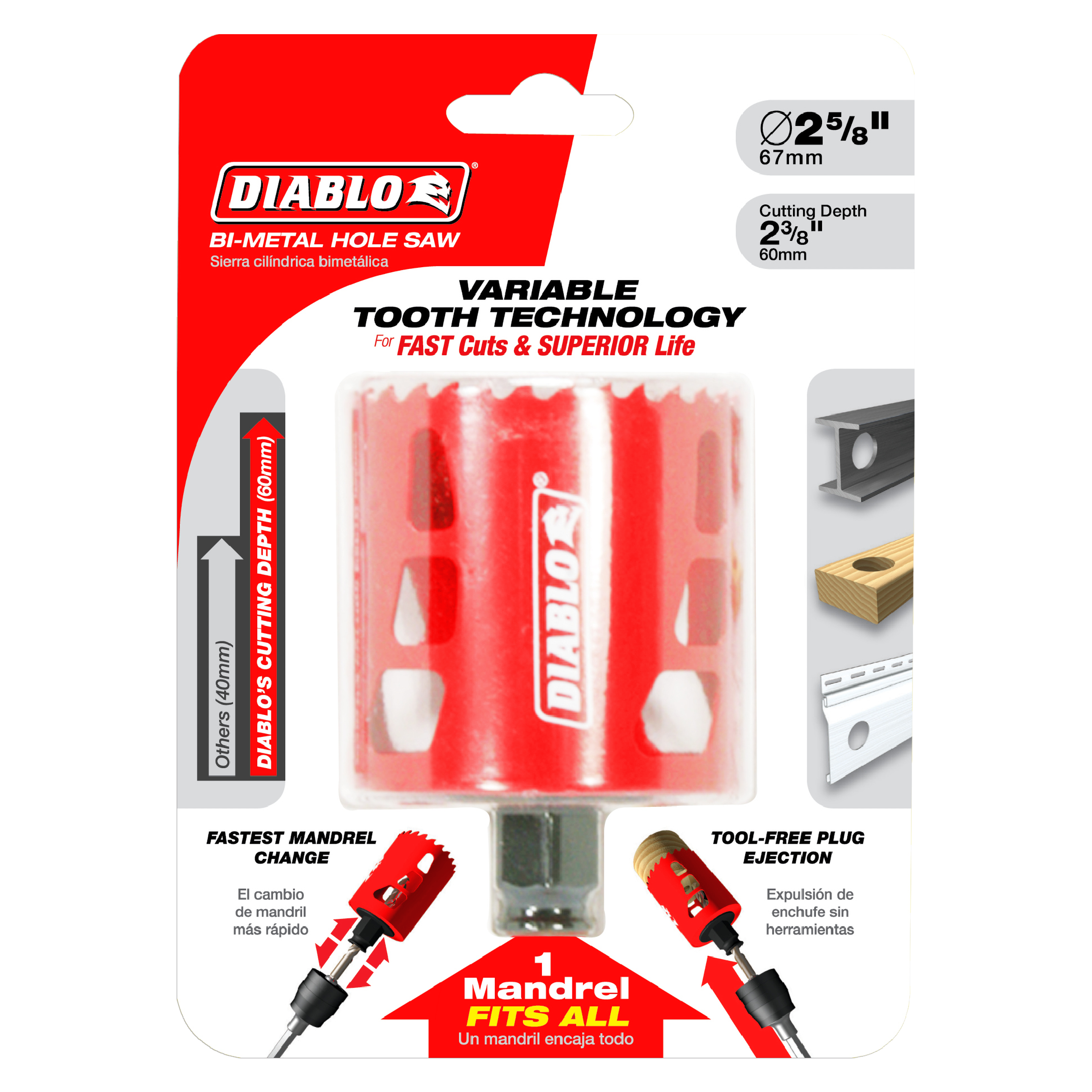 Diablo bi-metal hole saw 2-5/8 inch with red cylindrical body, variable tooth technology, and tool-free plug ejection system.