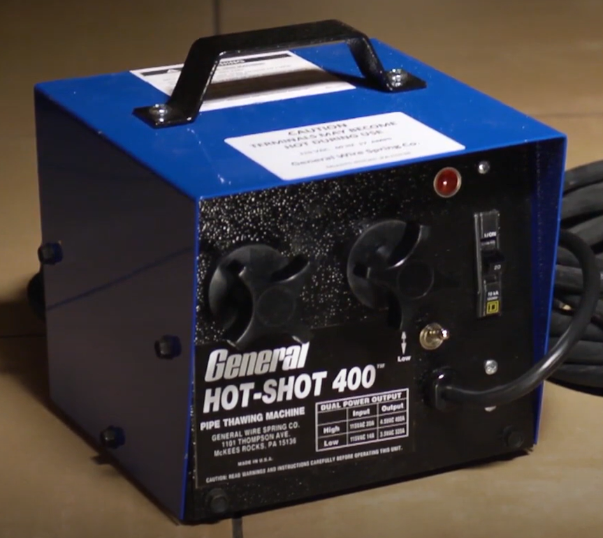 General Wire Hot Shot 400 pipe thawing machine with blue housing, black control panel, carrying handle, and power cord.