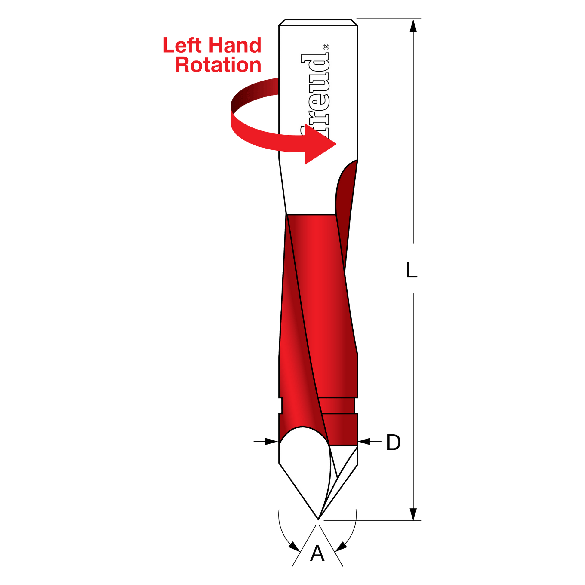 Red through hole bit with left hand rotation and labeled diameter, length, and angle specifications.