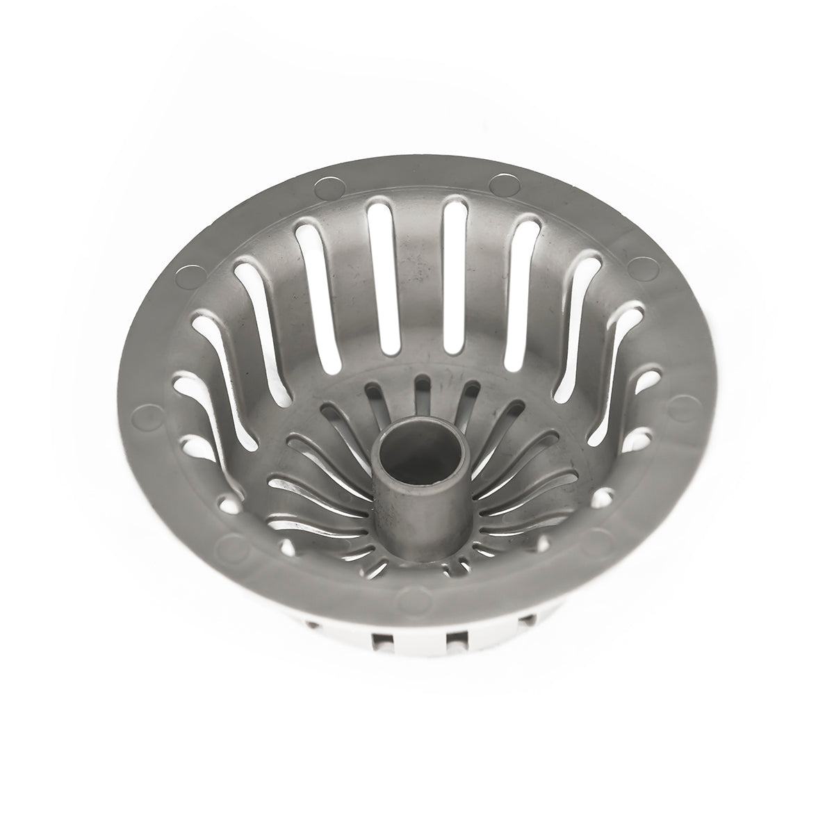 Stainless steel drain cover with radial slot pattern and center outlet opening, viewed from above.