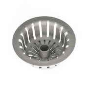 Stainless steel drain cover with radial slot pattern and center outlet opening, viewed from above.