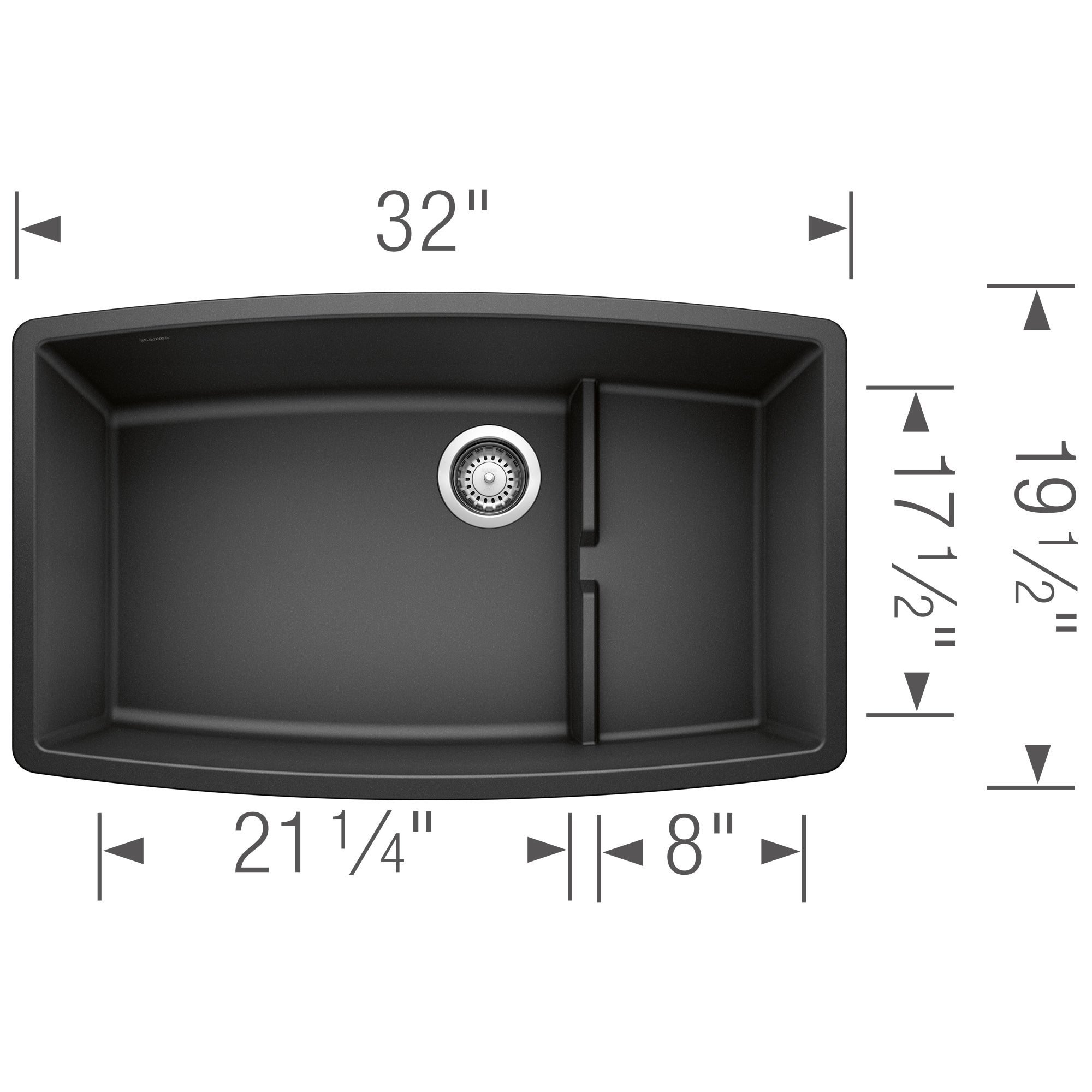 Black undermount kitchen sink with single bowl, rounded edges, drain, and dimensions 32"W x 19.5"D x 17.5"H.