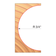 Freud convex radius cutter with 3/4" radius profile shown in cross-section on light wood.