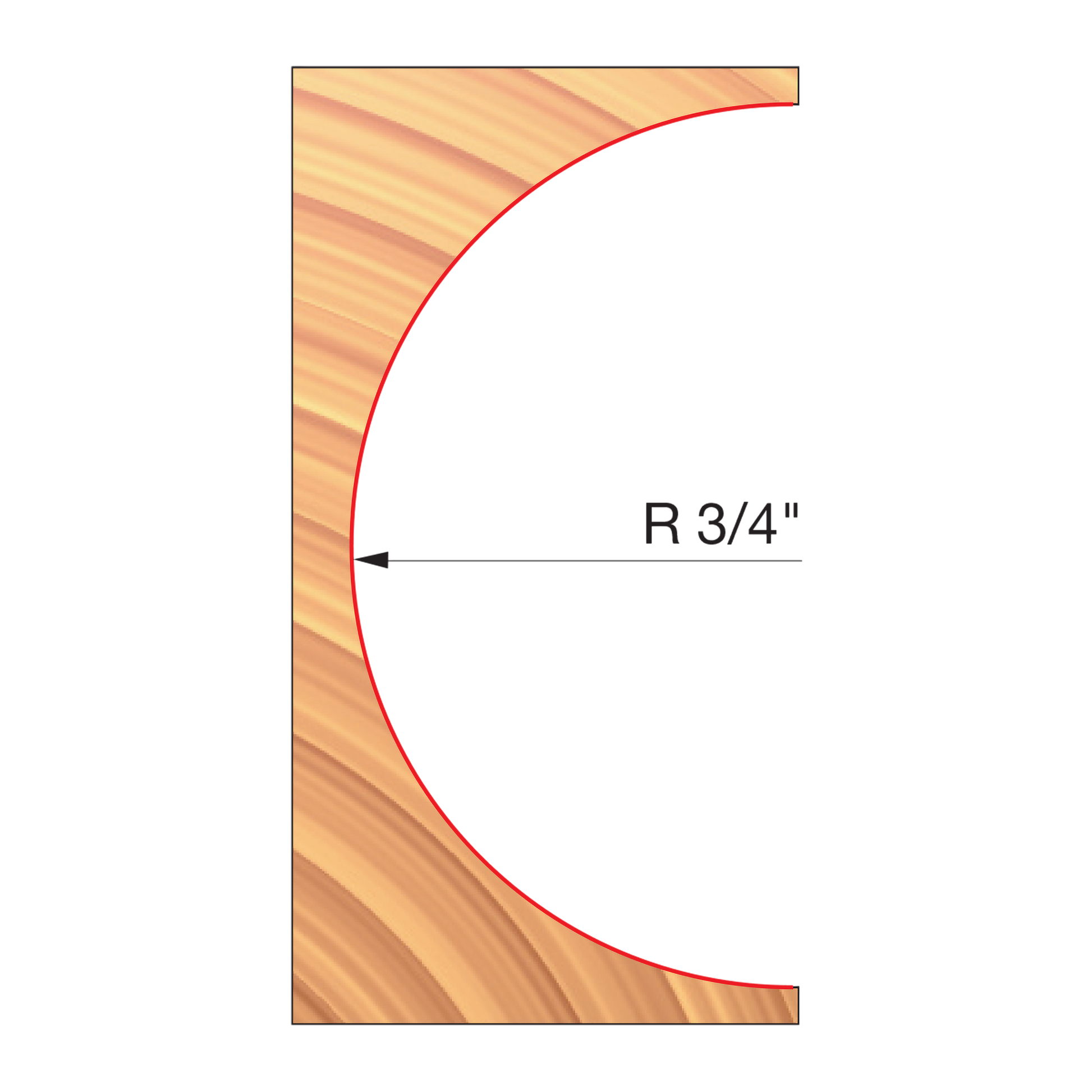 Freud convex radius cutter with 3/4" radius profile shown in cross-section on light wood.