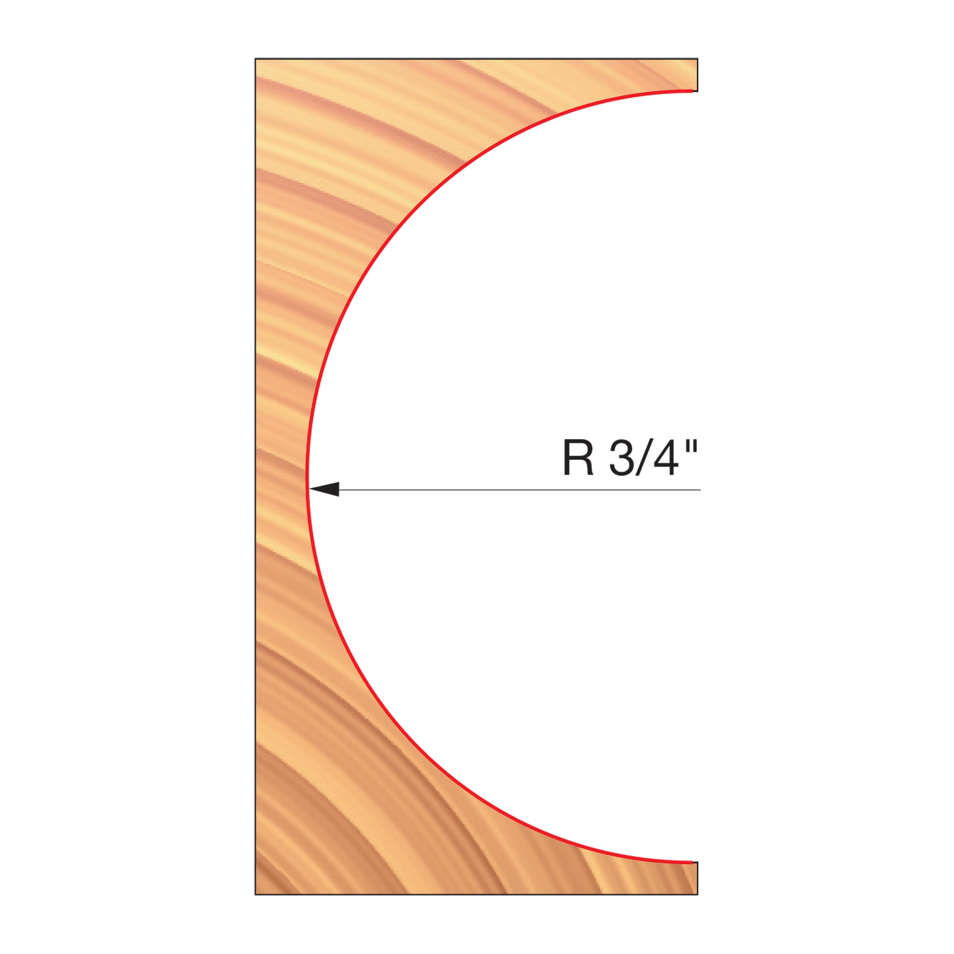 Freud convex radius cutter with 3/4" radius profile shown in cross-section on light wood.