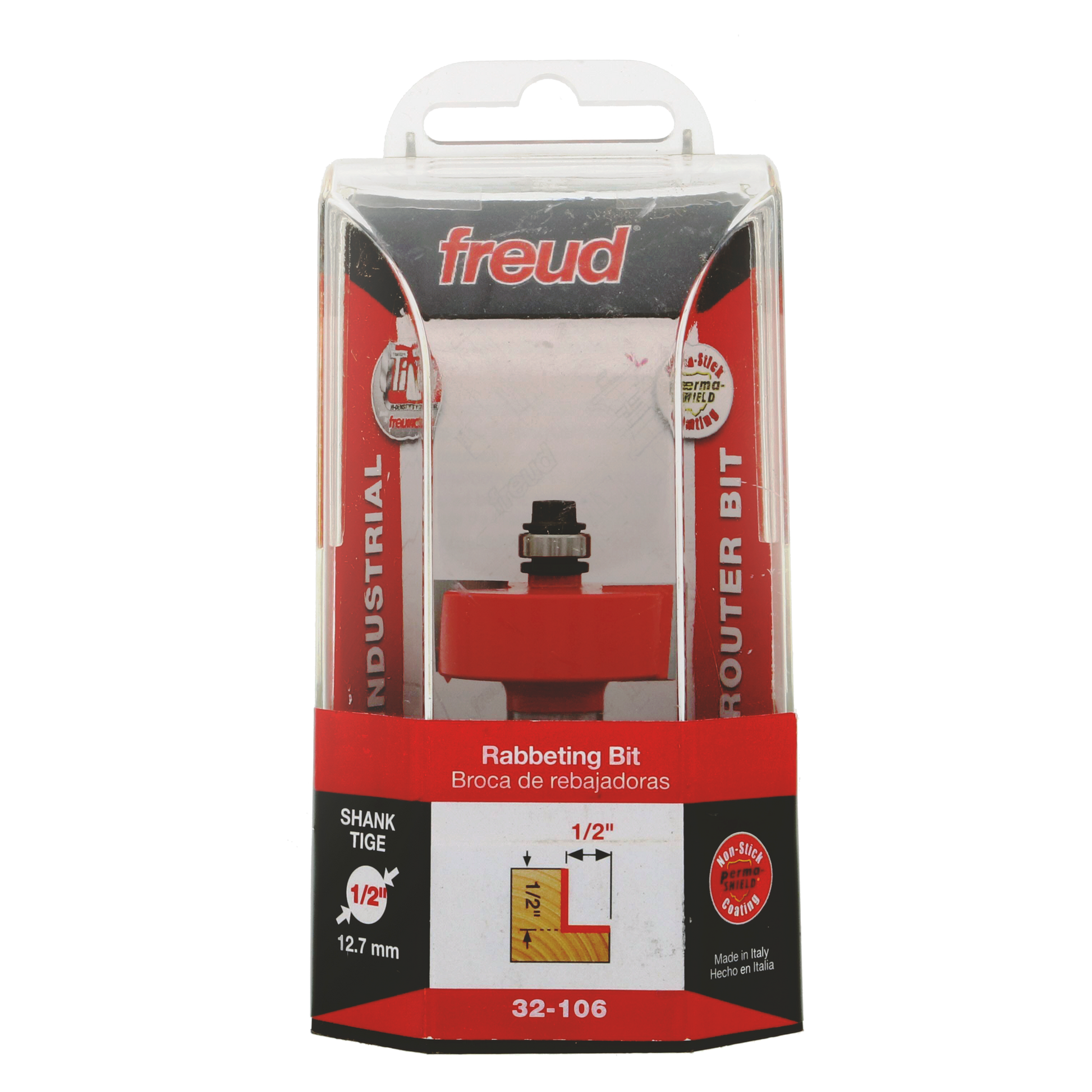 Freud 32-106 rabbeting bit with 1/2" shank in clear plastic clamshell packaging showing red body and metal cutting head.