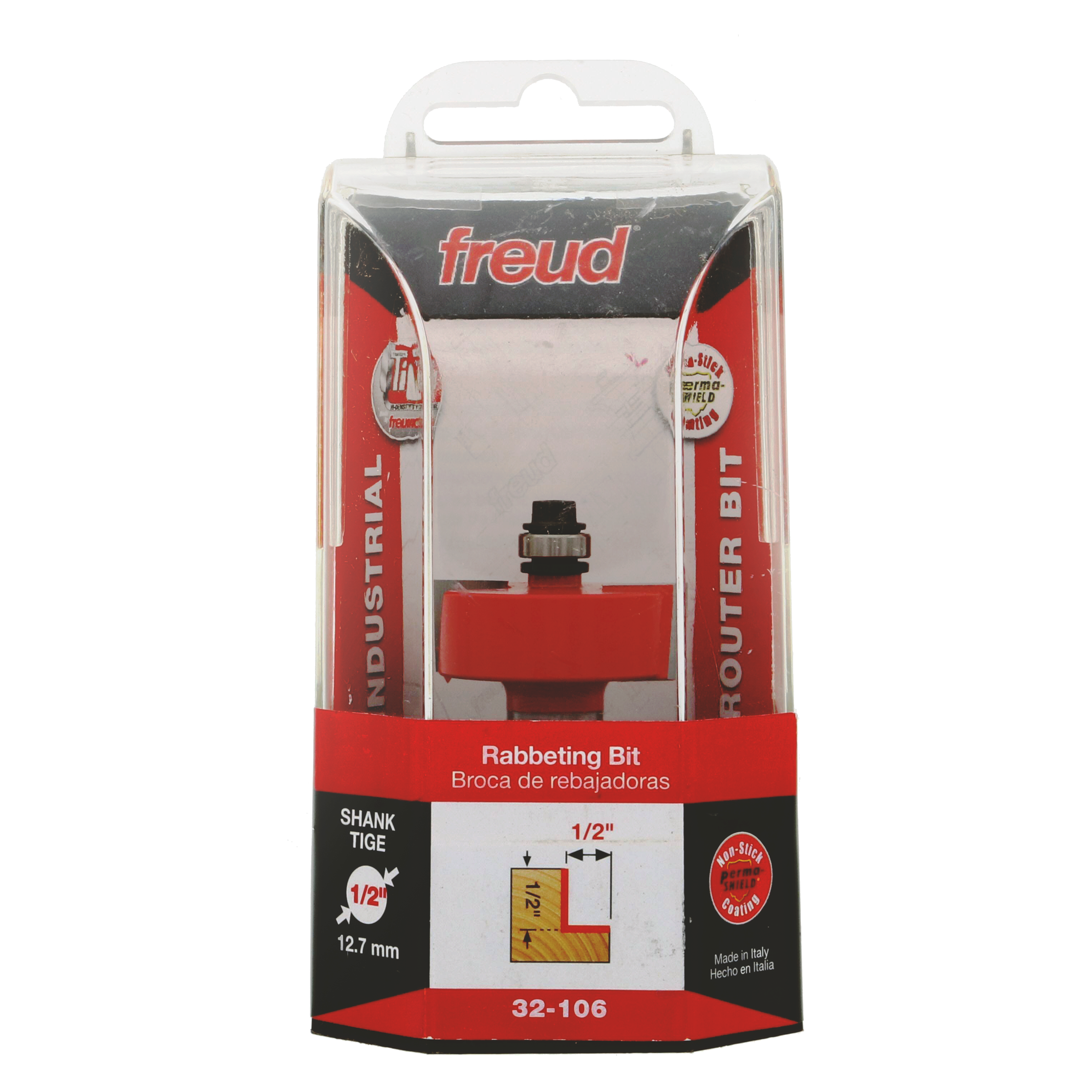 Freud 32-106 rabbeting bit with 1/2" shank in clear plastic clamshell packaging showing red body and metal cutting head.