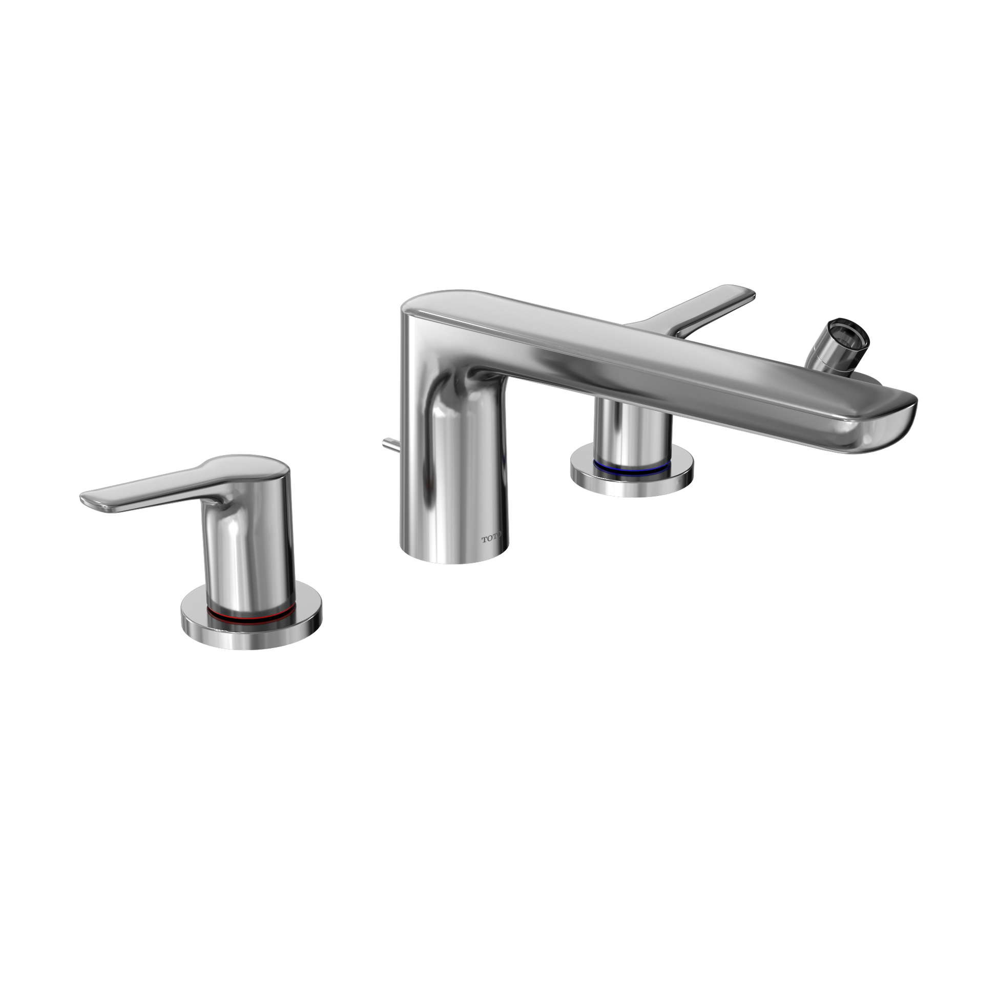 Polished chrome four-hole deck-mount roman tub filler with lever handles and detachable handshower.