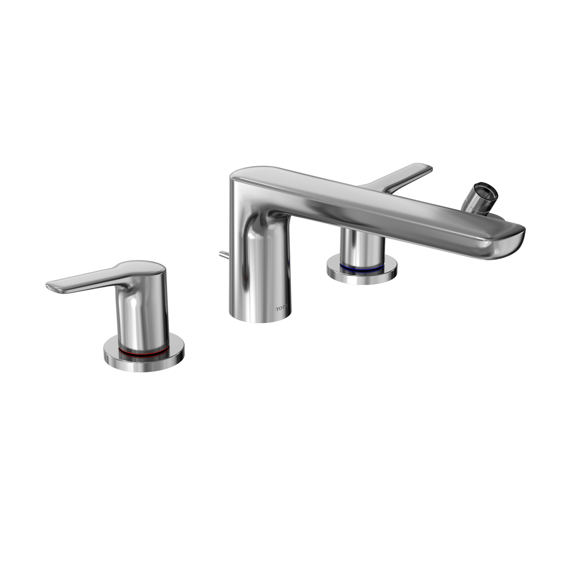 Polished chrome four-hole deck-mount roman tub filler with lever handles and detachable handshower.