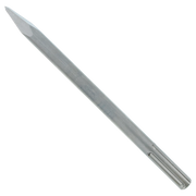Gray SDS-Max bull point chisel with tapered steel shaft and pointed tip for concrete breaking.