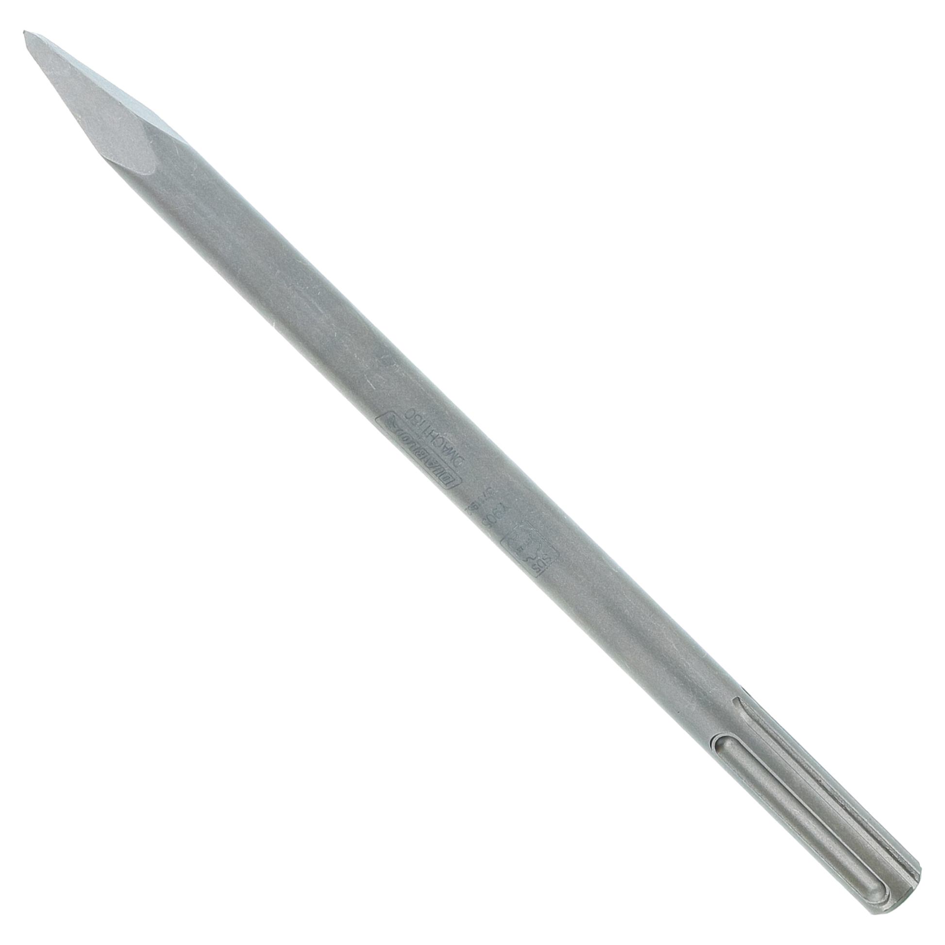 Gray SDS-Max bull point chisel with tapered steel shaft and pointed tip for concrete breaking.