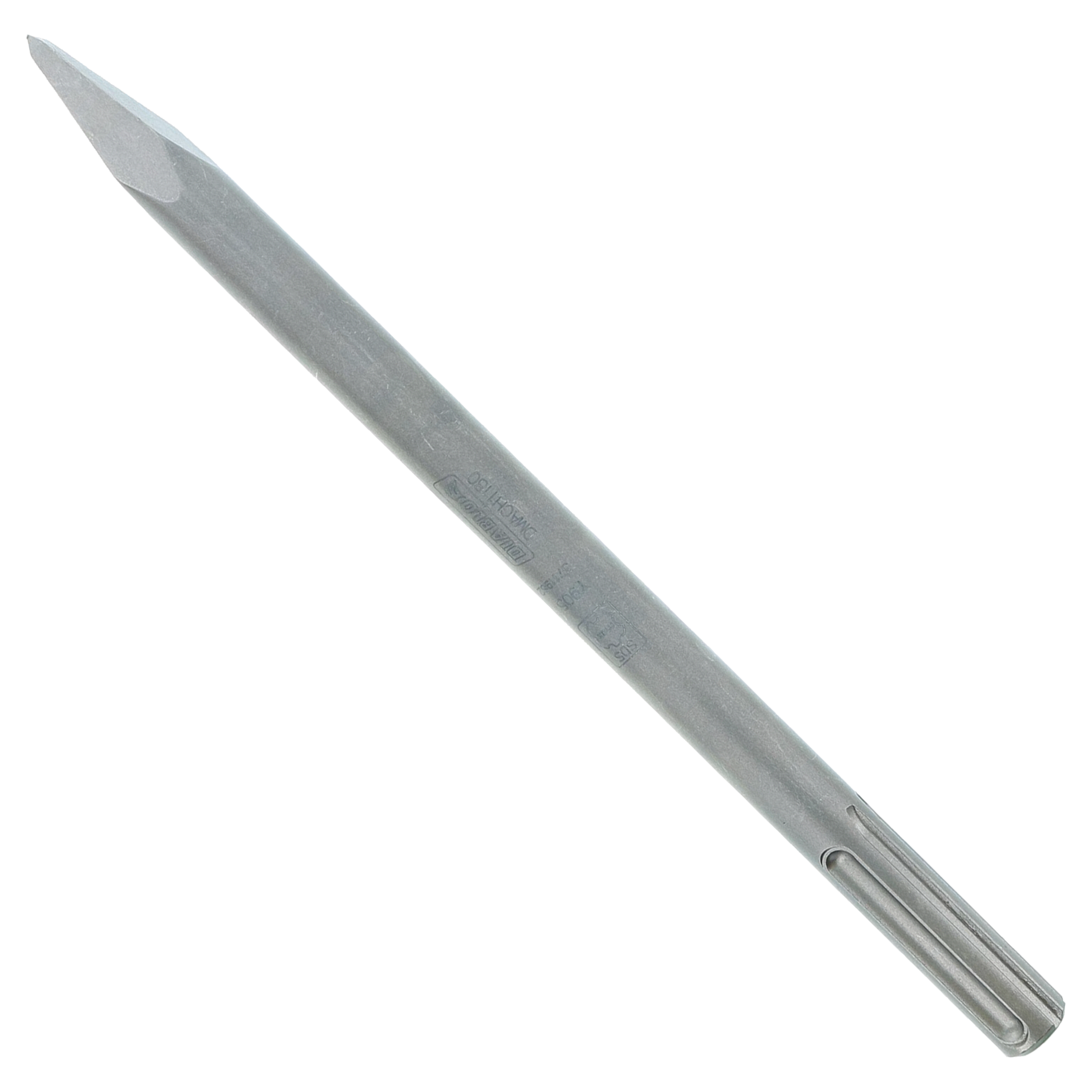 Gray SDS-Max bull point chisel with tapered steel shaft and pointed tip for concrete breaking.
