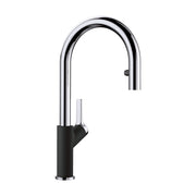 Chrome and coal black pull-down kitchen faucet with arched spout and single lever handle.