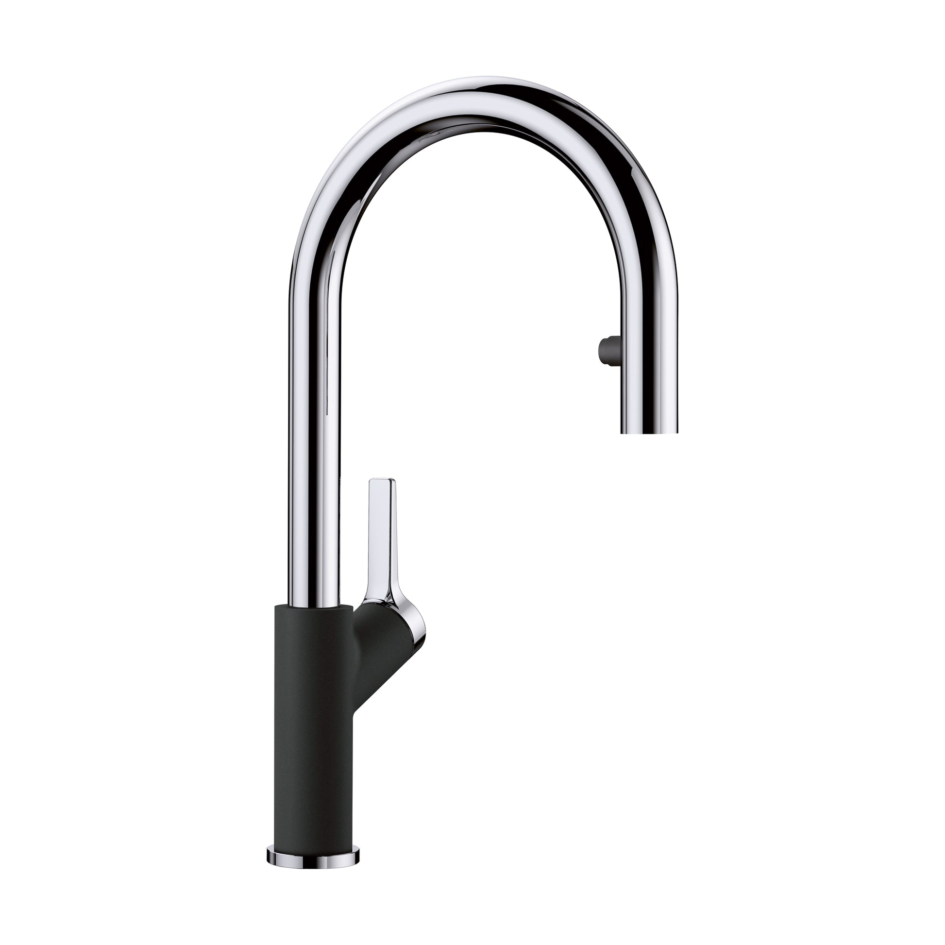 Chrome and coal black pull-down kitchen faucet with arched spout and single lever handle.