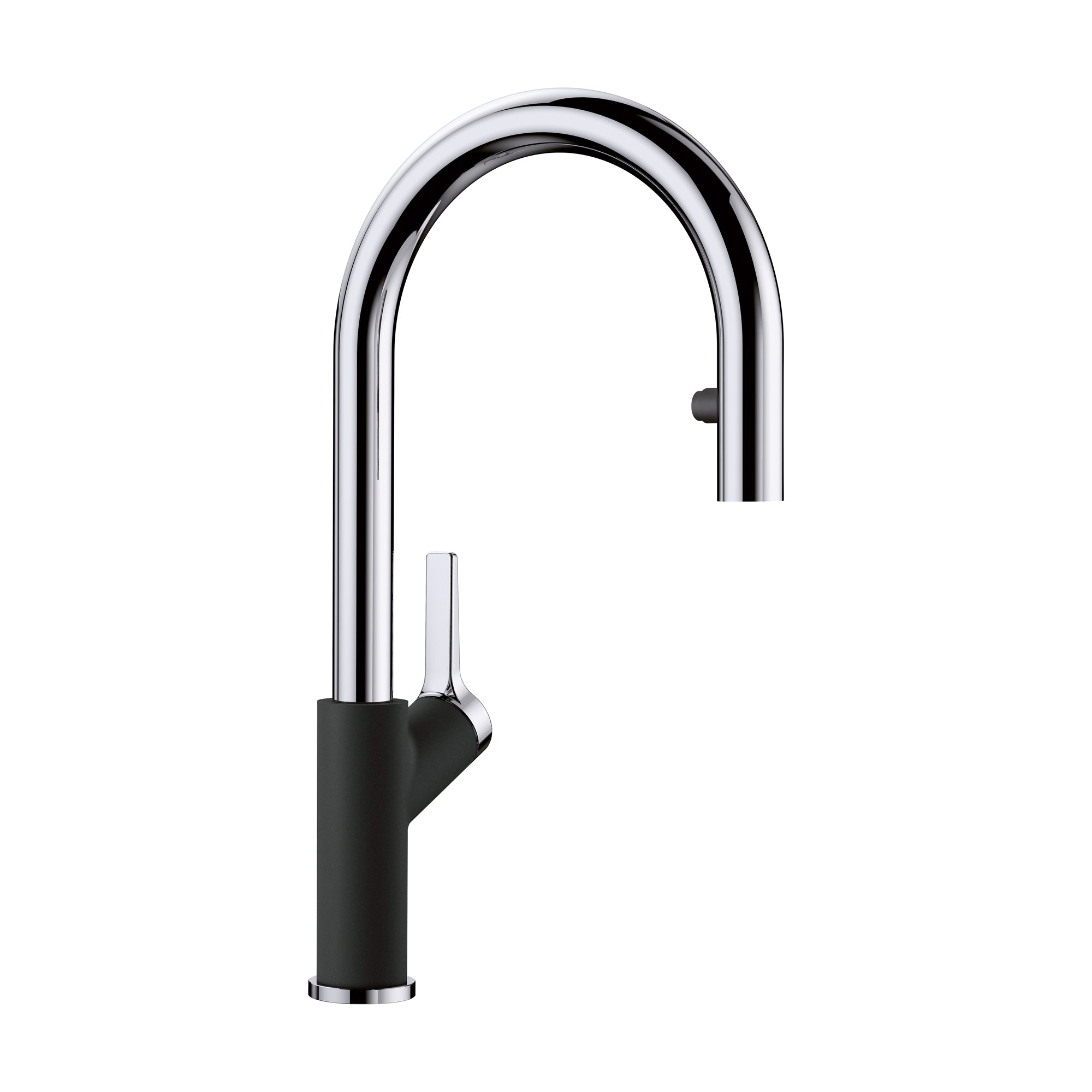 Chrome and coal black pull-down kitchen faucet with arched spout and single lever handle.