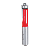 Silver and red bearing flush trim bit with cylindrical body and metal collar at top.
