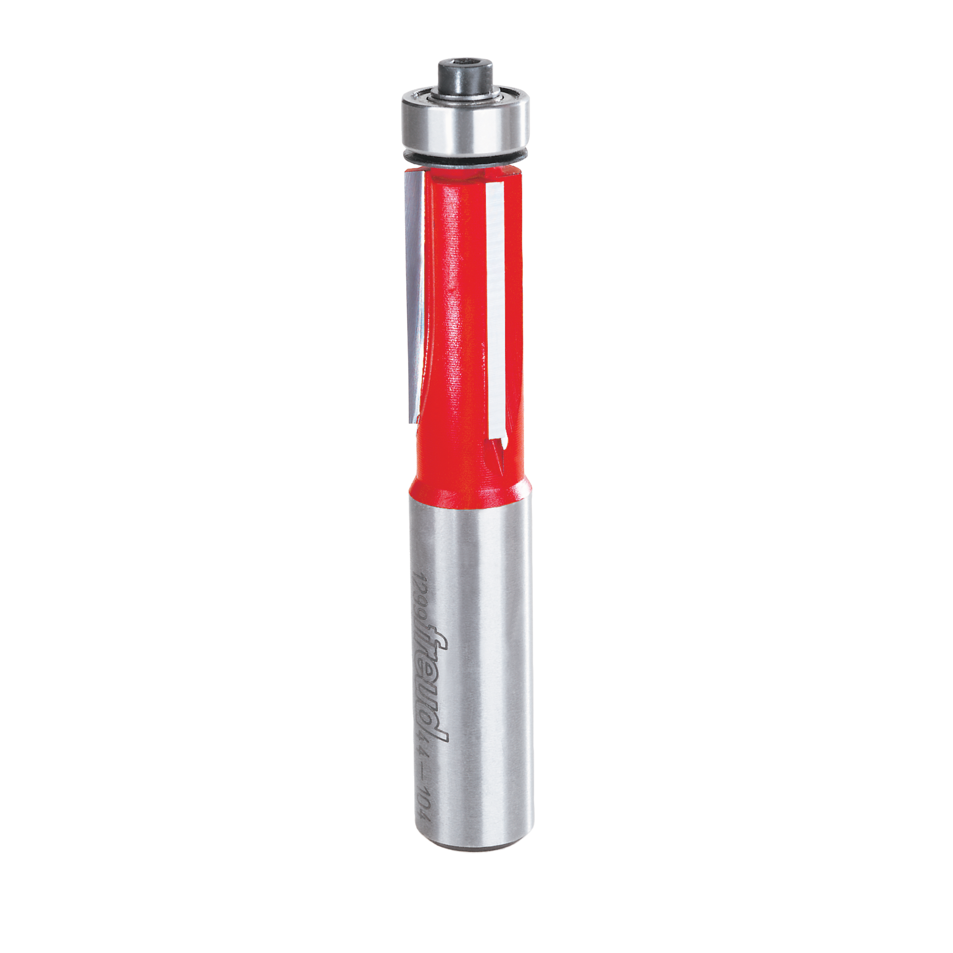 Silver and red bearing flush trim bit with cylindrical body and metal collar at top.