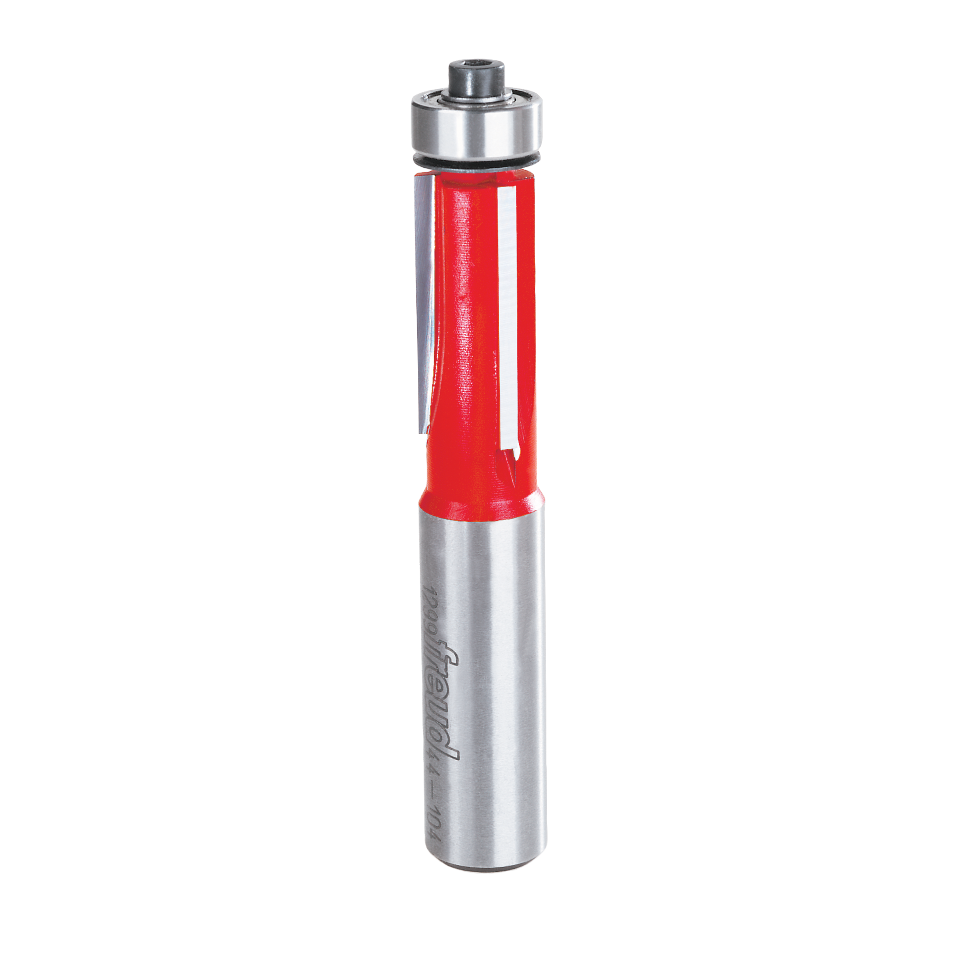Silver and red bearing flush trim bit with cylindrical body and metal collar at top.