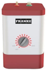 Franke instant hot water tank with red and white body, temperature dial, and two connection ports on top.