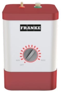 Franke instant hot water tank with red and white body, temperature dial, and two connection ports on top.